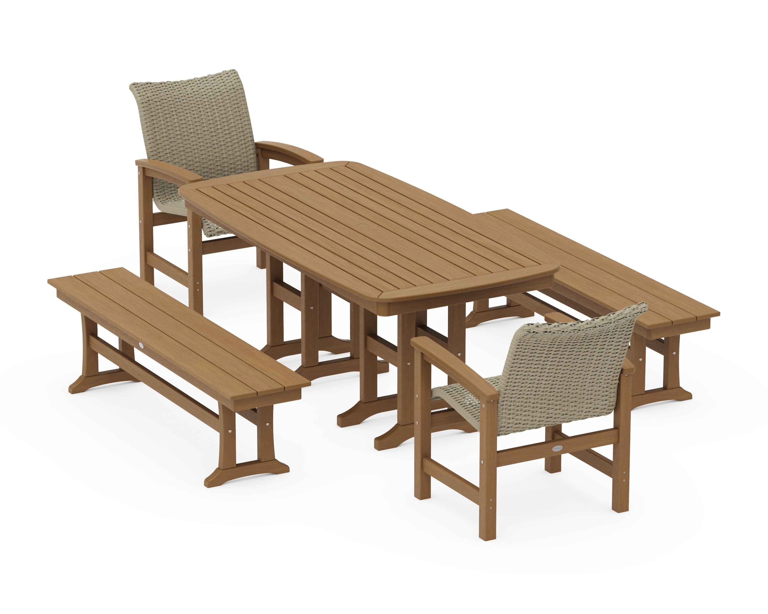 Coastal Woven 5-Piece Dining Set with Benches in Natural / Dune Grass