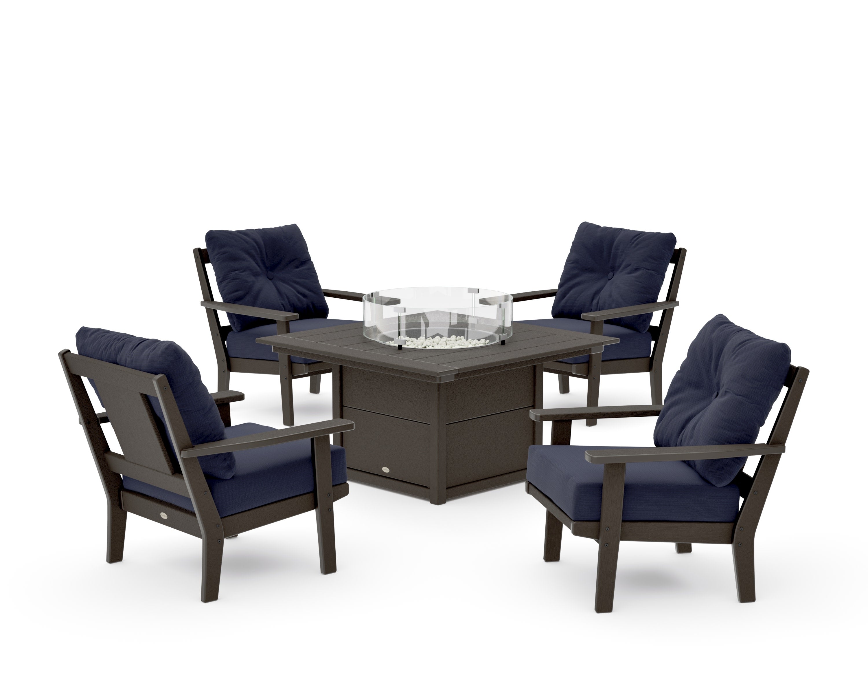 Prairie 5-Piece Deep Seating Set with Fire Pit Table in Vintage Coffee / Navy Linen
