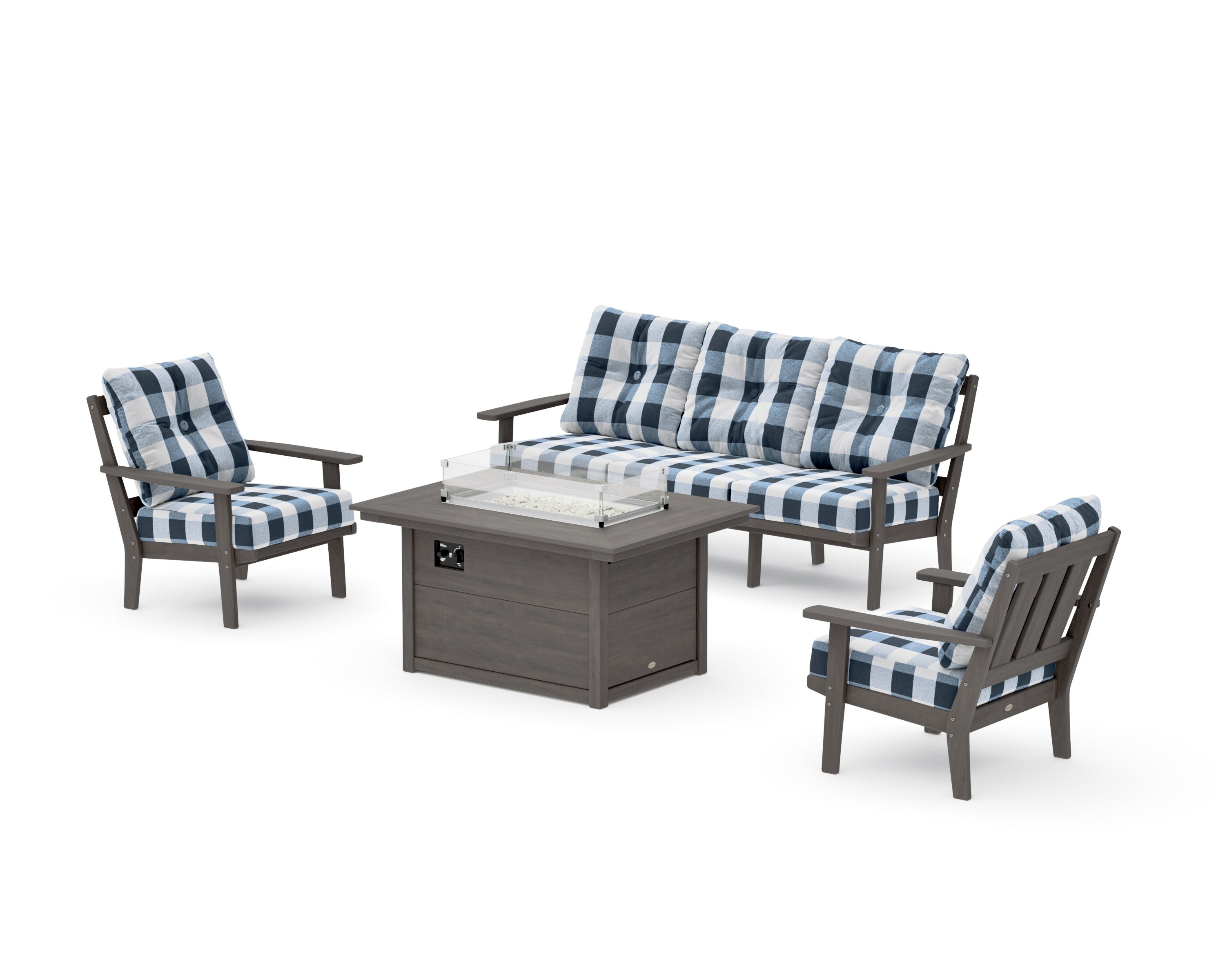 Oxford Deep Seating Fire Pit Table Set in Driftwood / Buffalo Plaid Marine Indigo