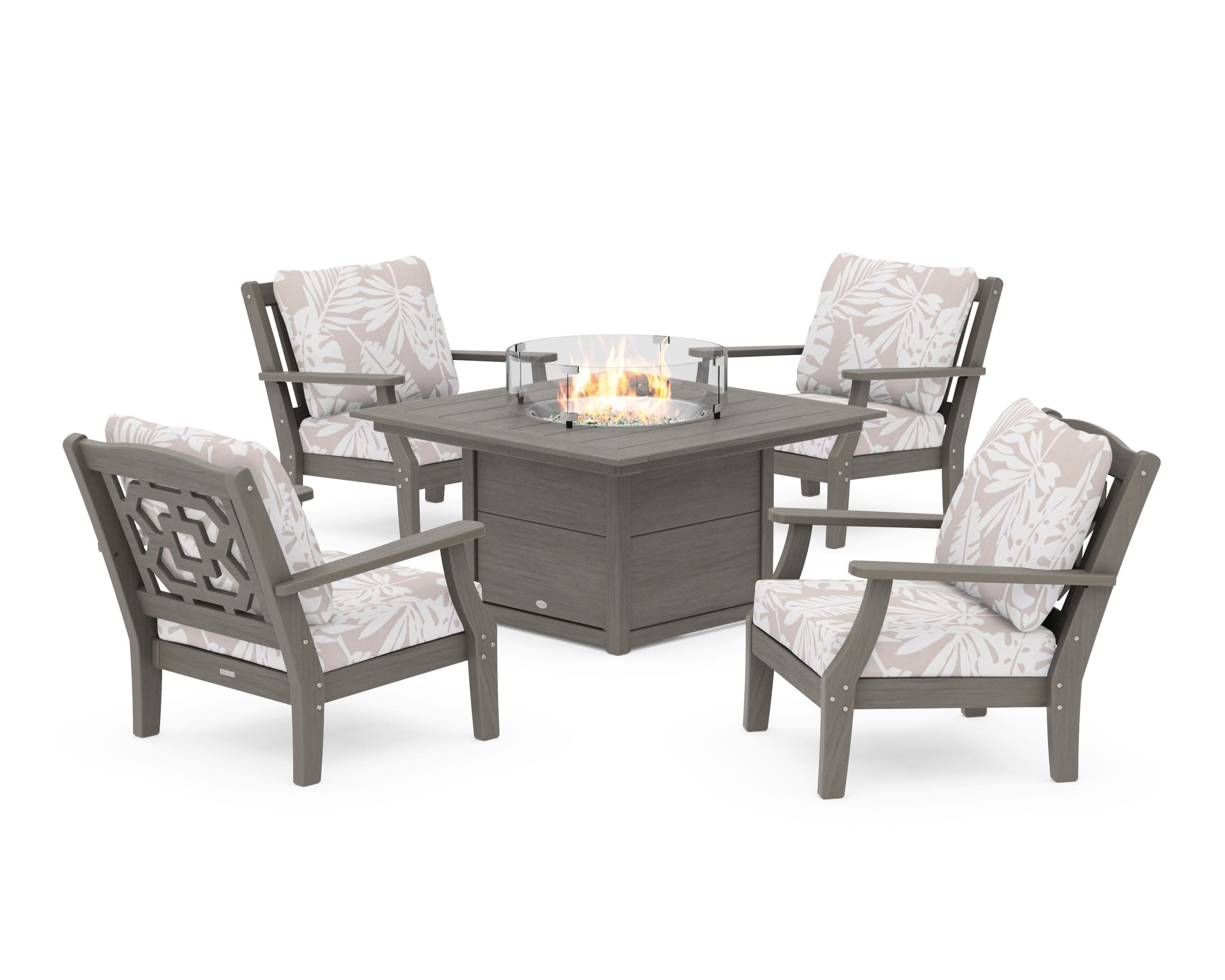 Chinoiserie 5-Piece Deep Seating Set with Fire Pit Table in Driftwood / Leaf Dune Burlap