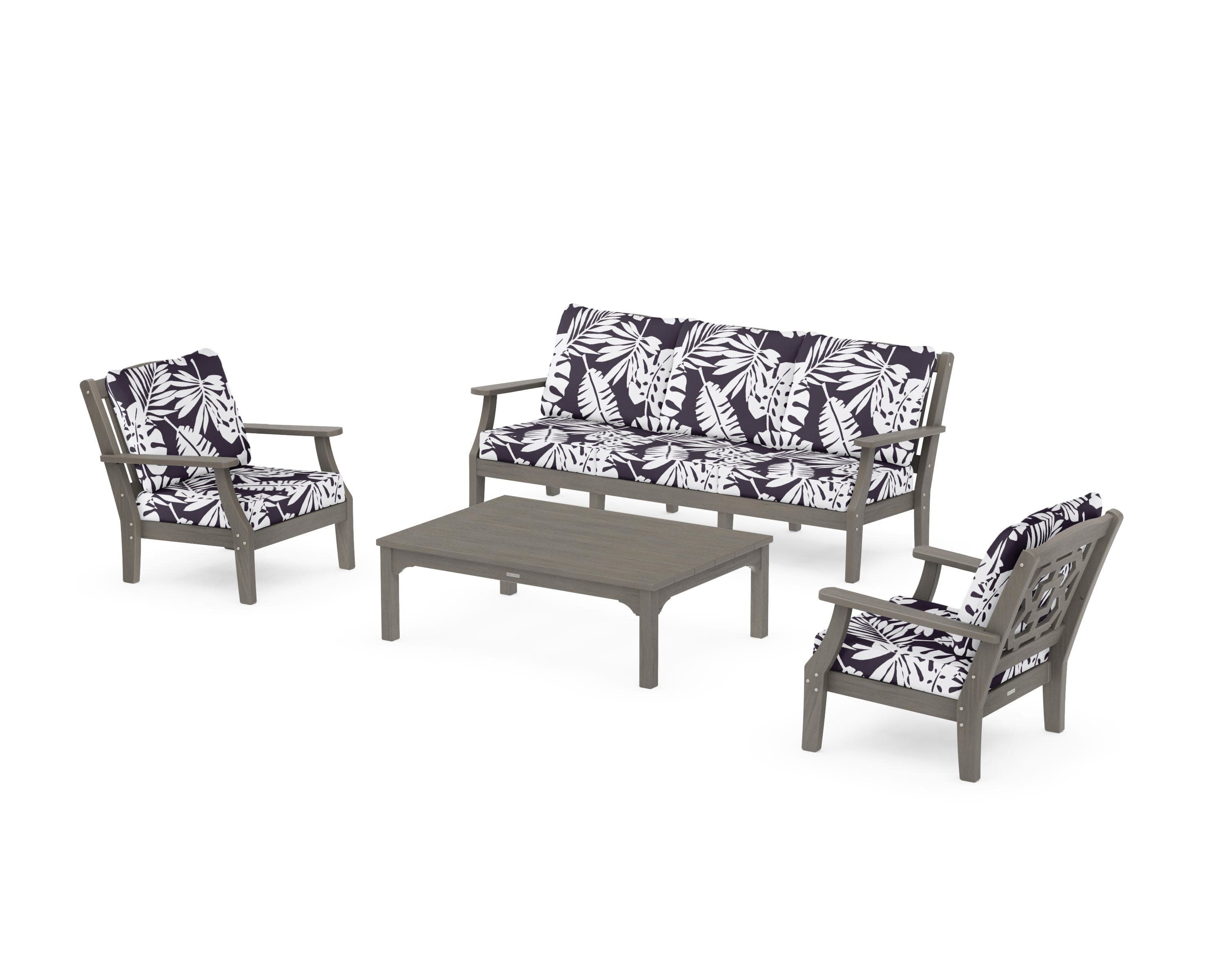 Chinoiserie 4-Piece Deep Seating Set with Sofa in Driftwood / Leaf Navy