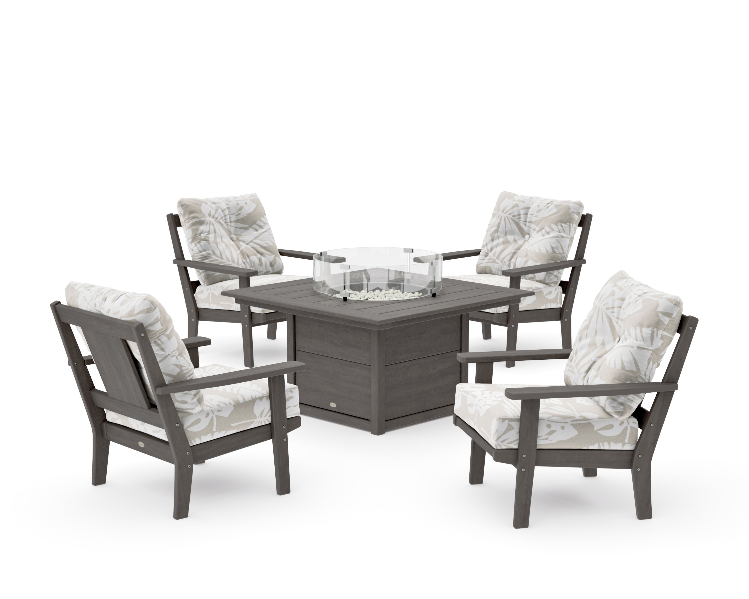 Prairie 5-Piece Deep Seating Set with Fire Pit Table in Driftwood / Leaf Dune Burlap