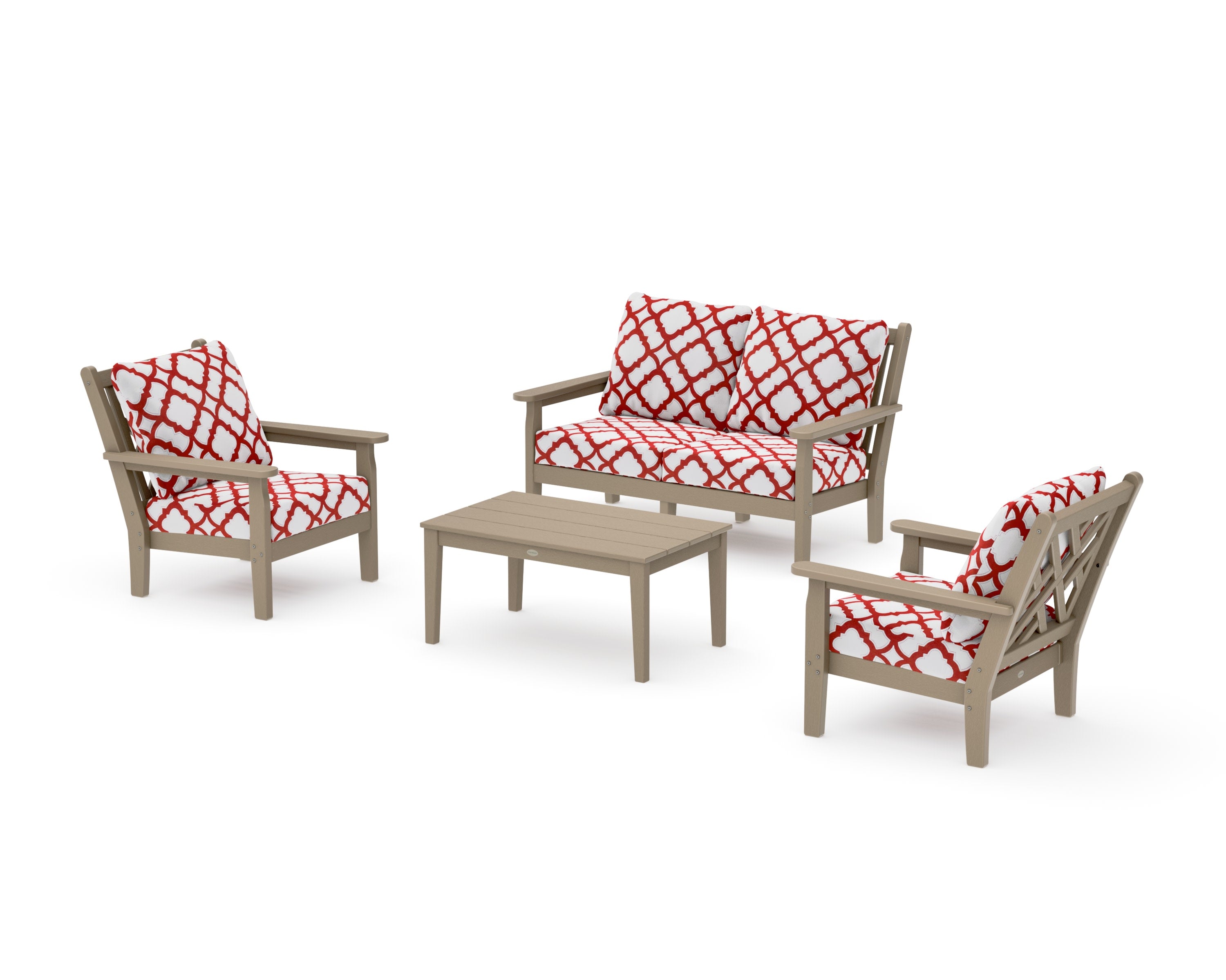 Chippendale 4-Piece Deep Seating Set with Loveseat in Vintage Sahara / Trellis Crimson