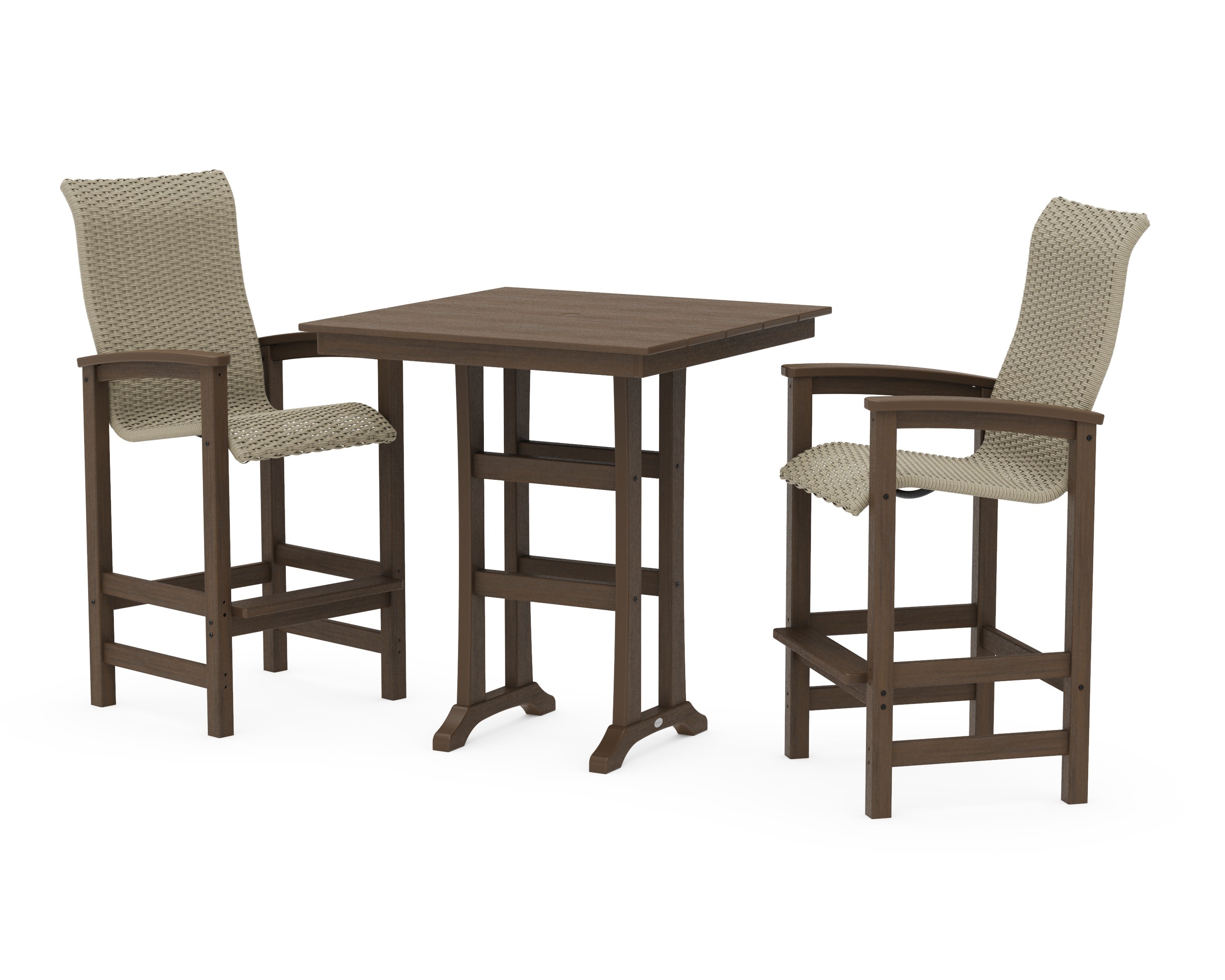 Coastal Woven High-Back 3-Piece Farmhouse Bar Set with Trestle Legs in Kona / Dune Grass