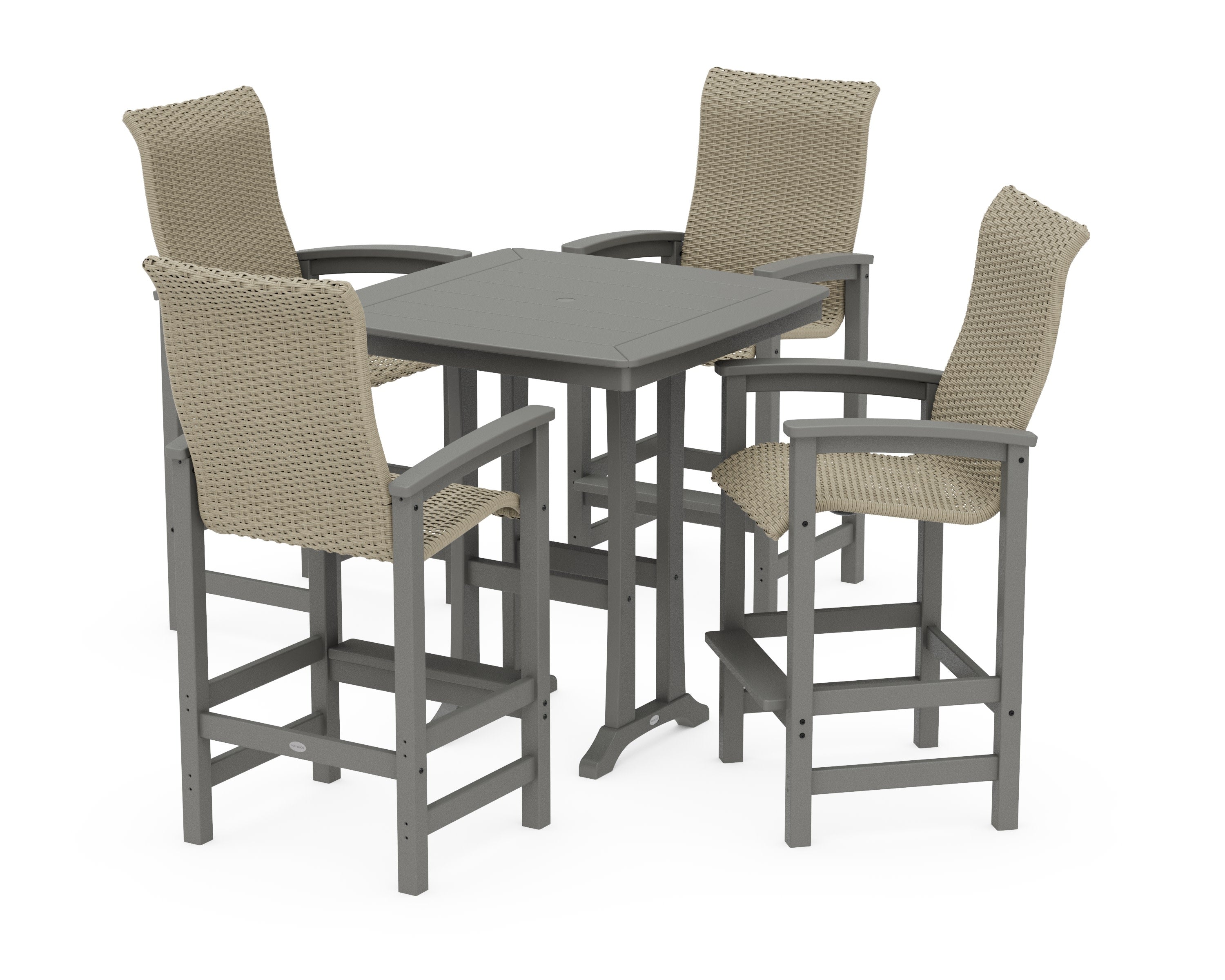Coastal Woven High-Back 5-Piece Bar Set with Trestle Legs in Slate Grey / Dune Grass