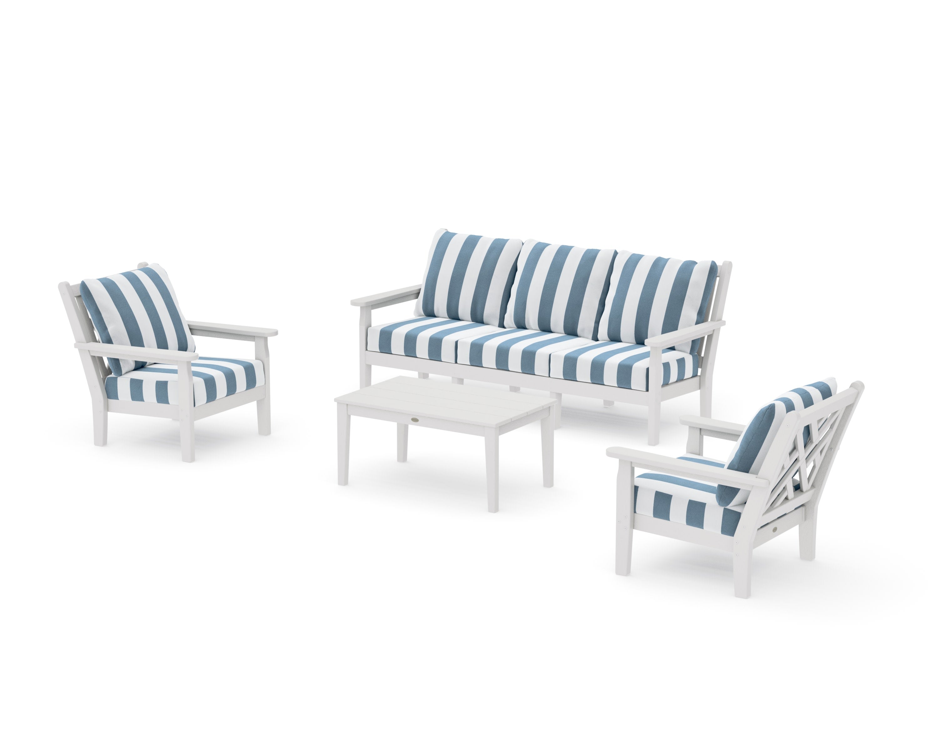 Chippendale 4-Piece Deep Seating Set with Sofa in Vintage White / Cabana Stripe Sky Blue