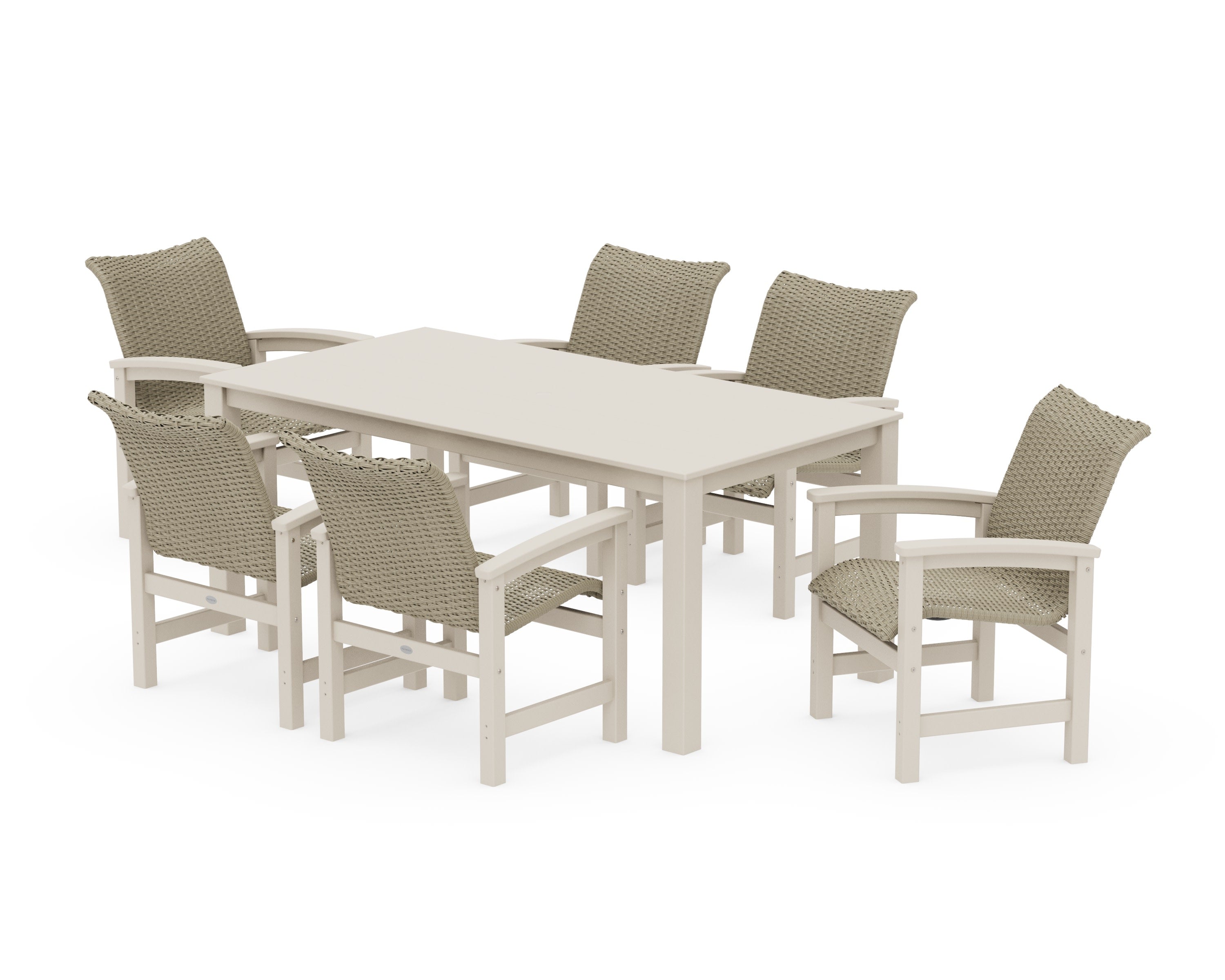 Coastal Woven Arm Chair 7-Piece Parsons Dining Set in Sand / Dune Grass