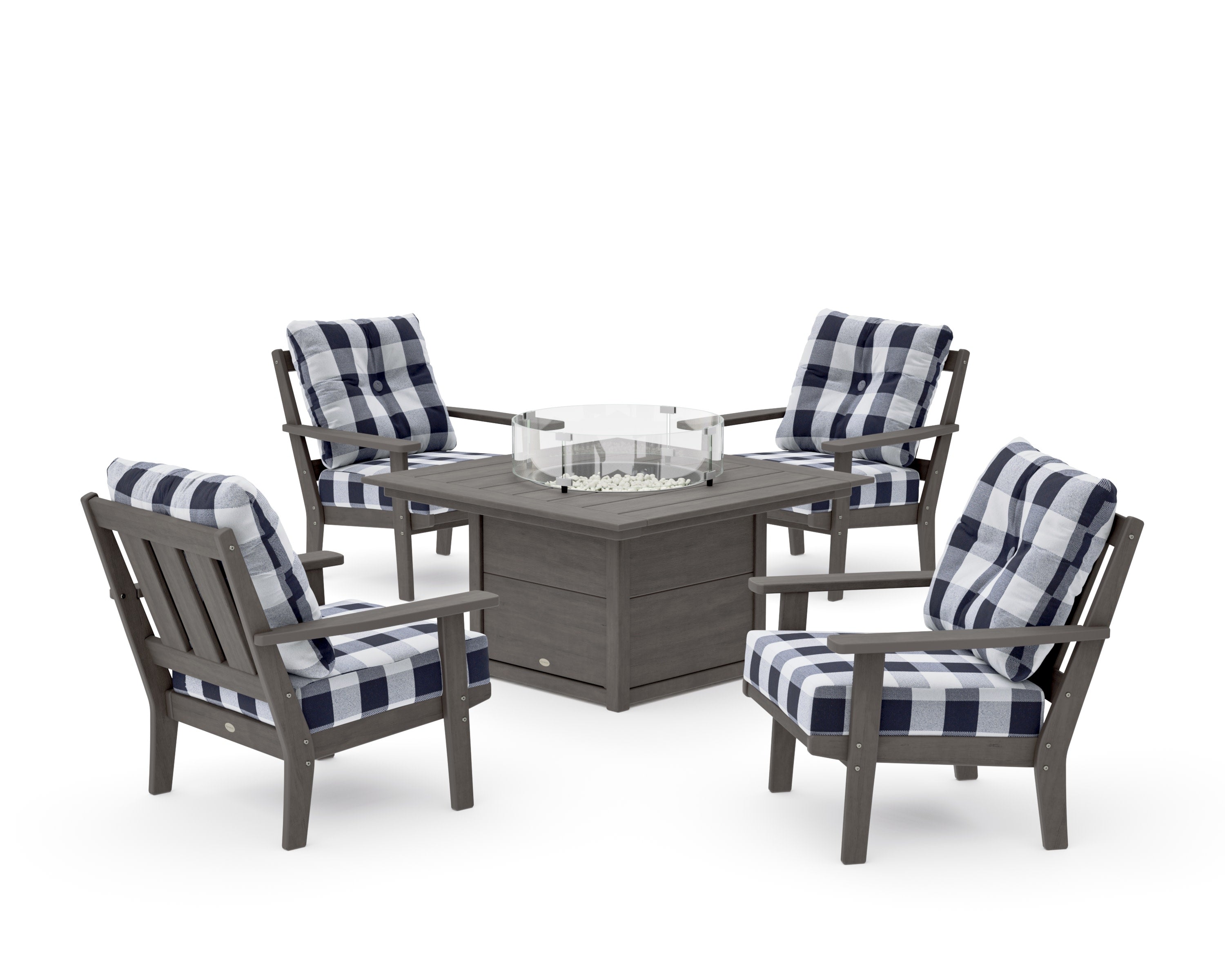 Oxford 5-Piece Deep Seating Set with Fire Pit Table in Driftwood / Buffalo Plaid Navy
