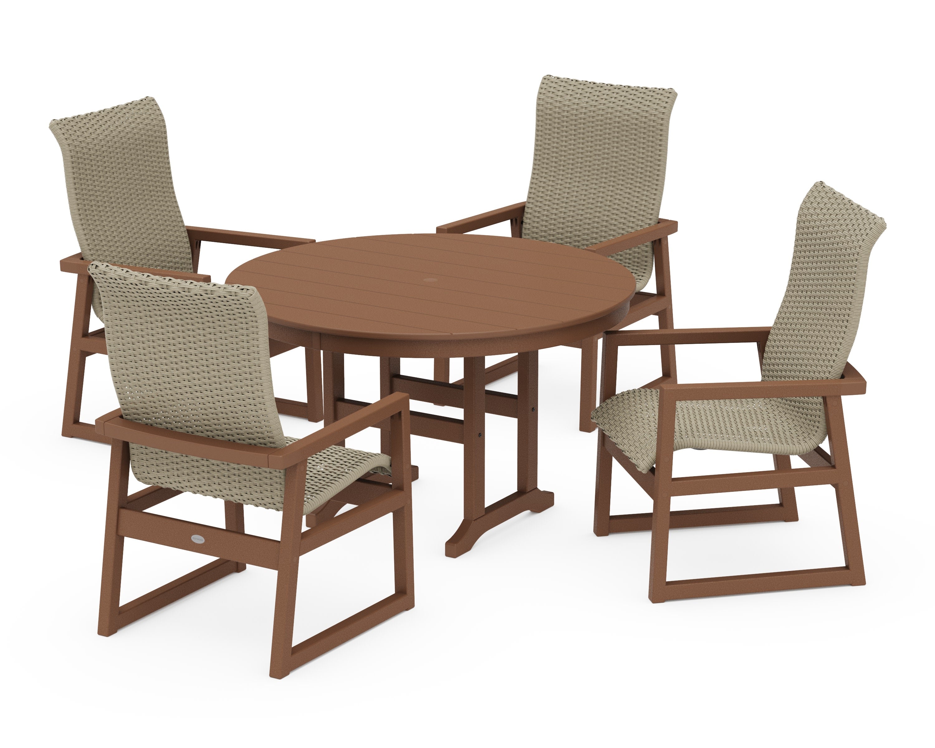 EDGE Woven Highback 5-Piece Round Farmhouse Dining Set in Teak / Dune Grass