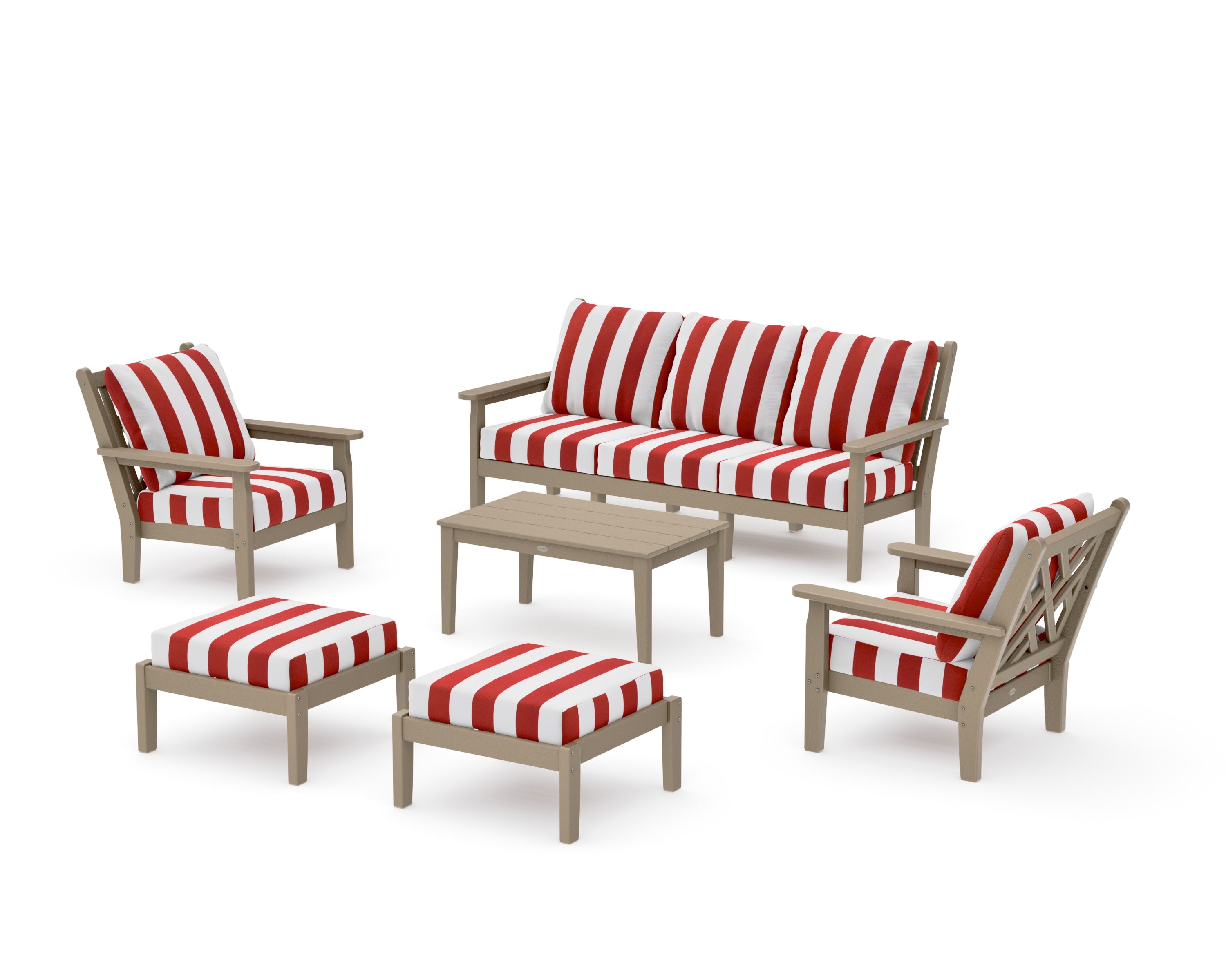 Chippendale 6-Piece Lounge Sofa Set in Vintage Sahara / Cabana Stripe Crimson