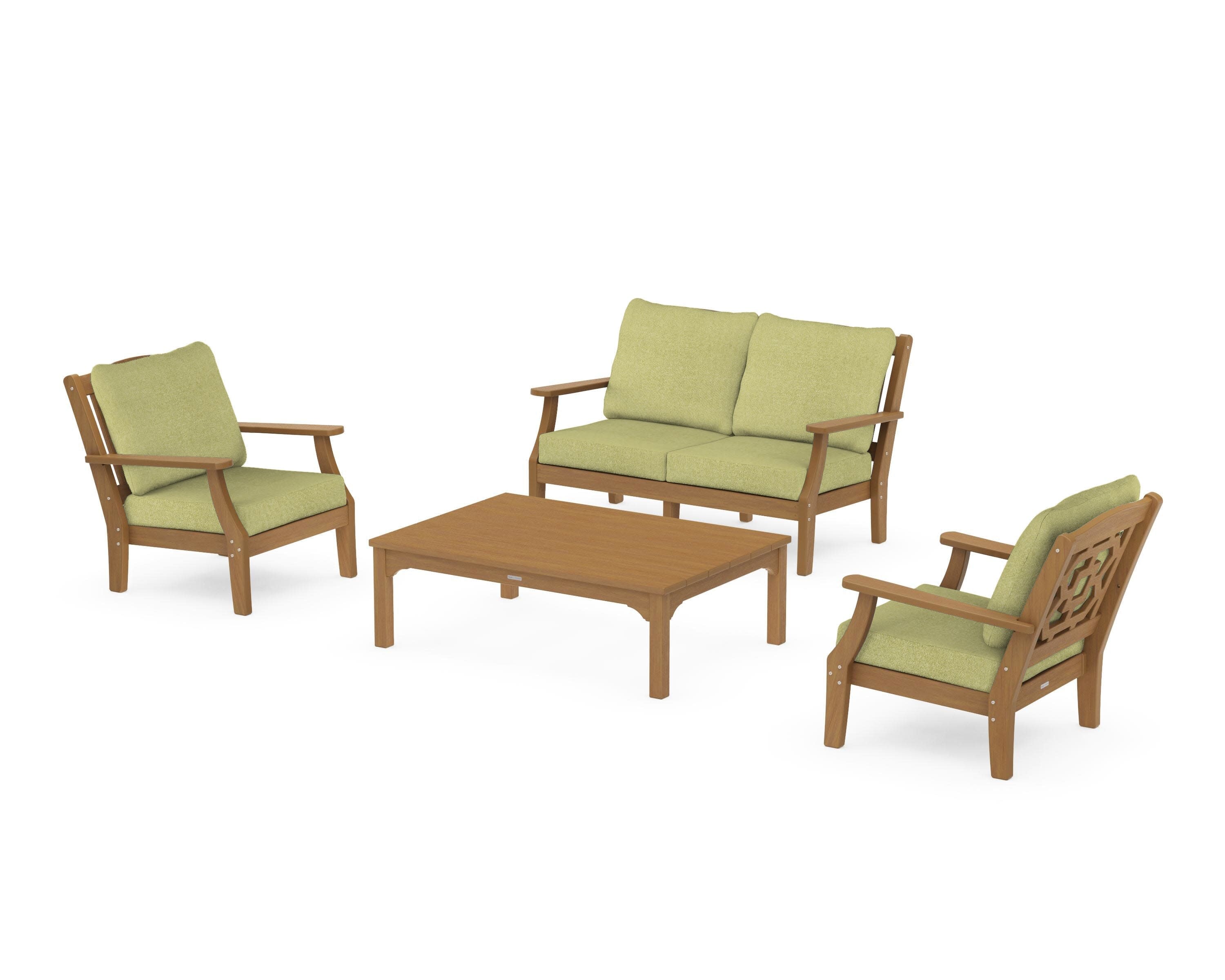 Chinoiserie 4-Piece Deep Seating Set with Loveseat in Natural / Chartreuse Boucle