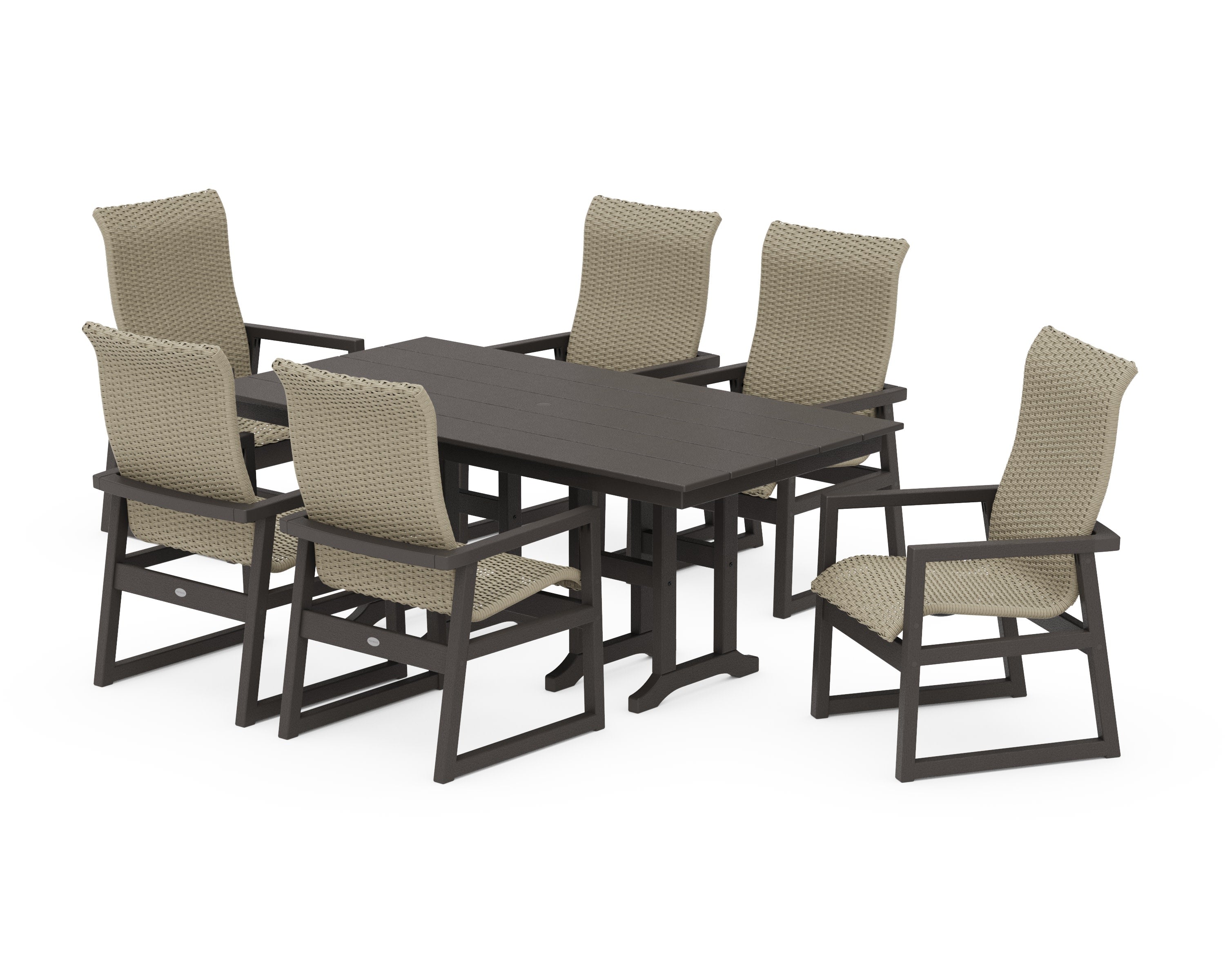 EDGE Woven Highback Arm Chair 7-Piece Farmhouse Dining Set in Vintage Coffee / Dune Grass