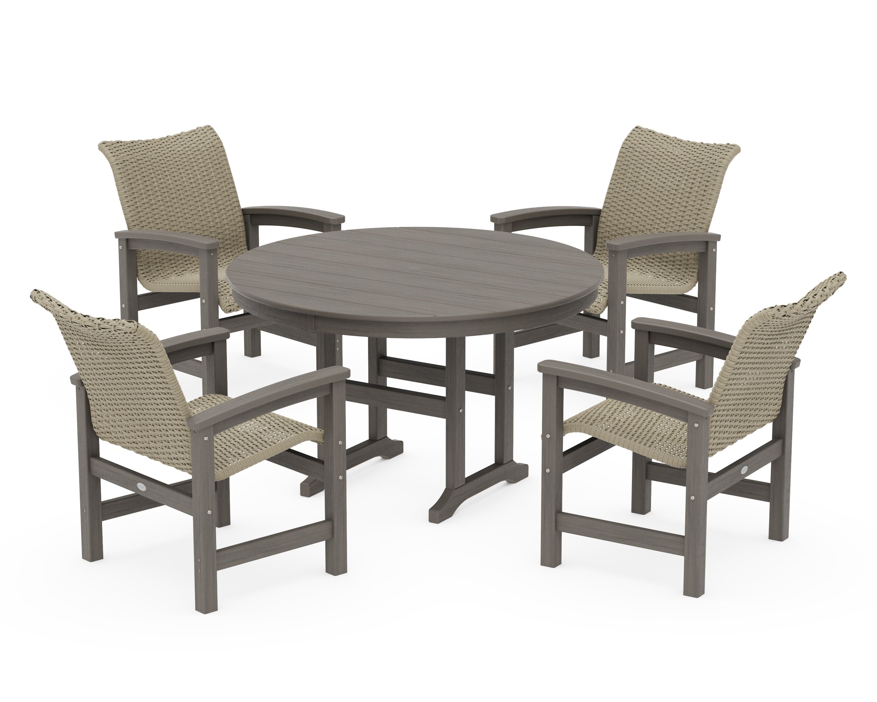 Coastal Woven 5-Piece Round Farmhouse Dining Set in Driftwood / Dune Grass