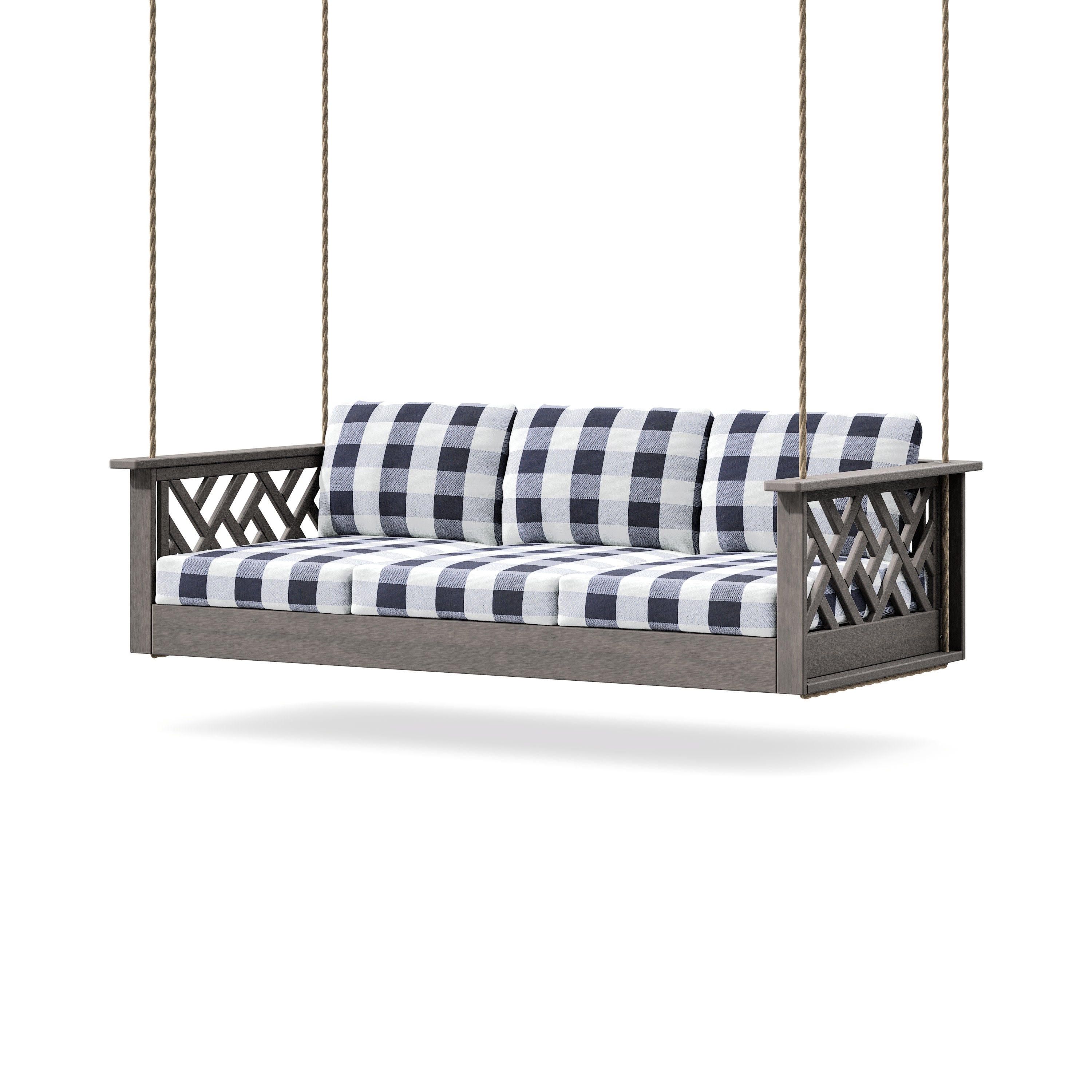 Chippendale Daybed Swing in Driftwood / Buffalo Plaid Navy