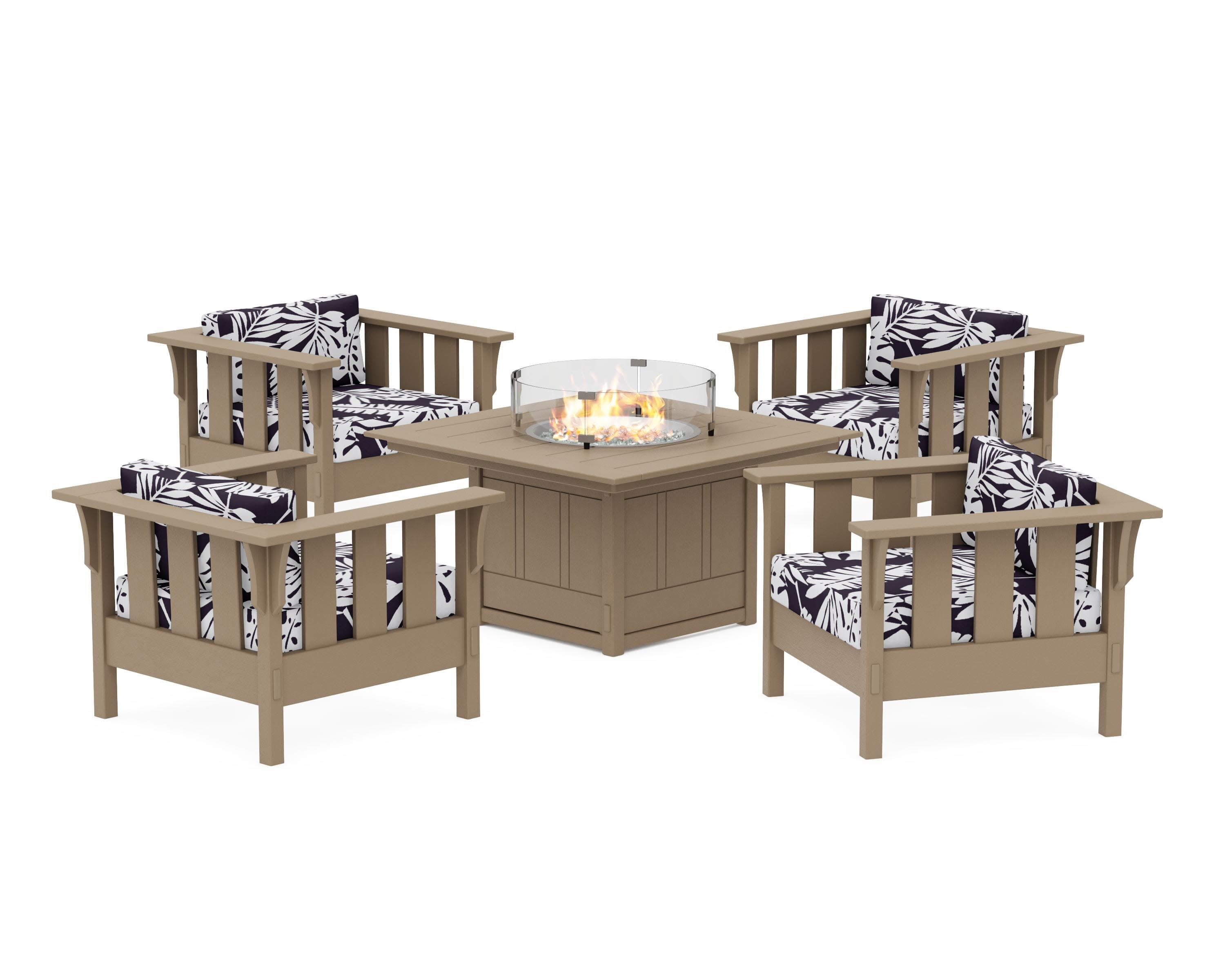 Acadia 5-Piece Deep Seating Set with Fire Pit Table in Vintage Sahara / Leaf Navy