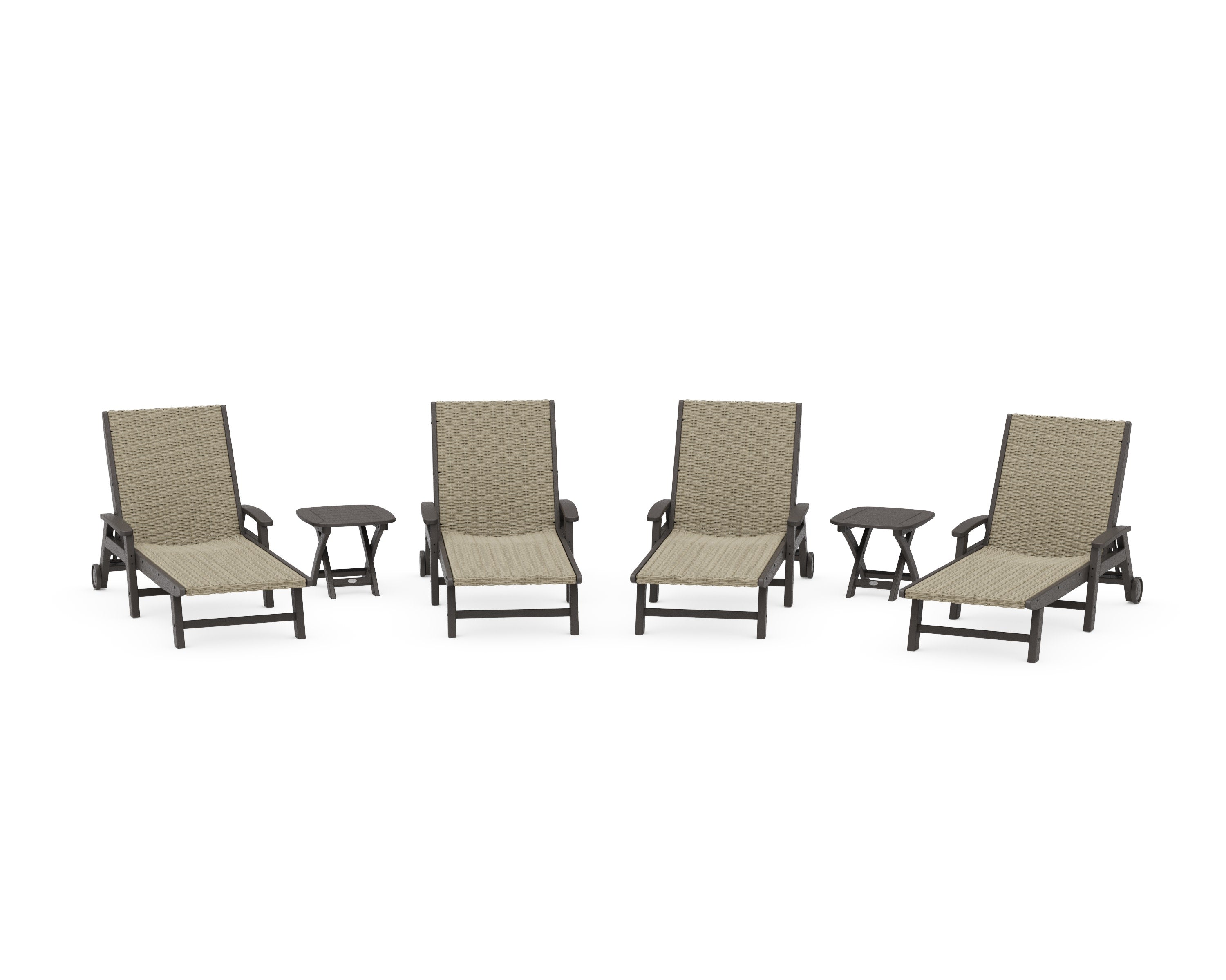 6- Piece Coastal Woven Chaise with Arms and Wheels Chaise Lounge Set in Vintage Coffee / Dune Grass