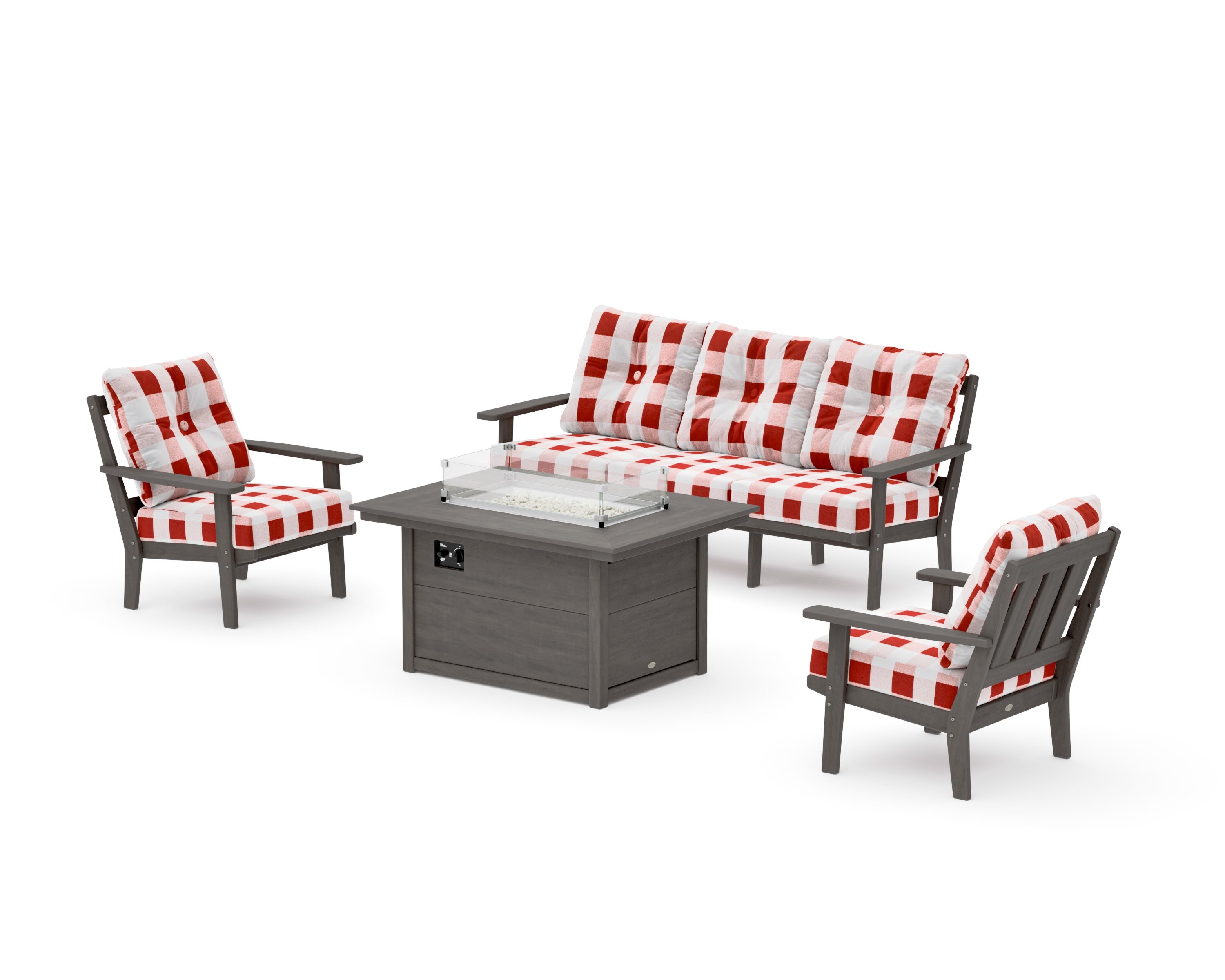 Oxford Deep Seating Fire Pit Table Set in Driftwood / Buffalo Plaid Crimson