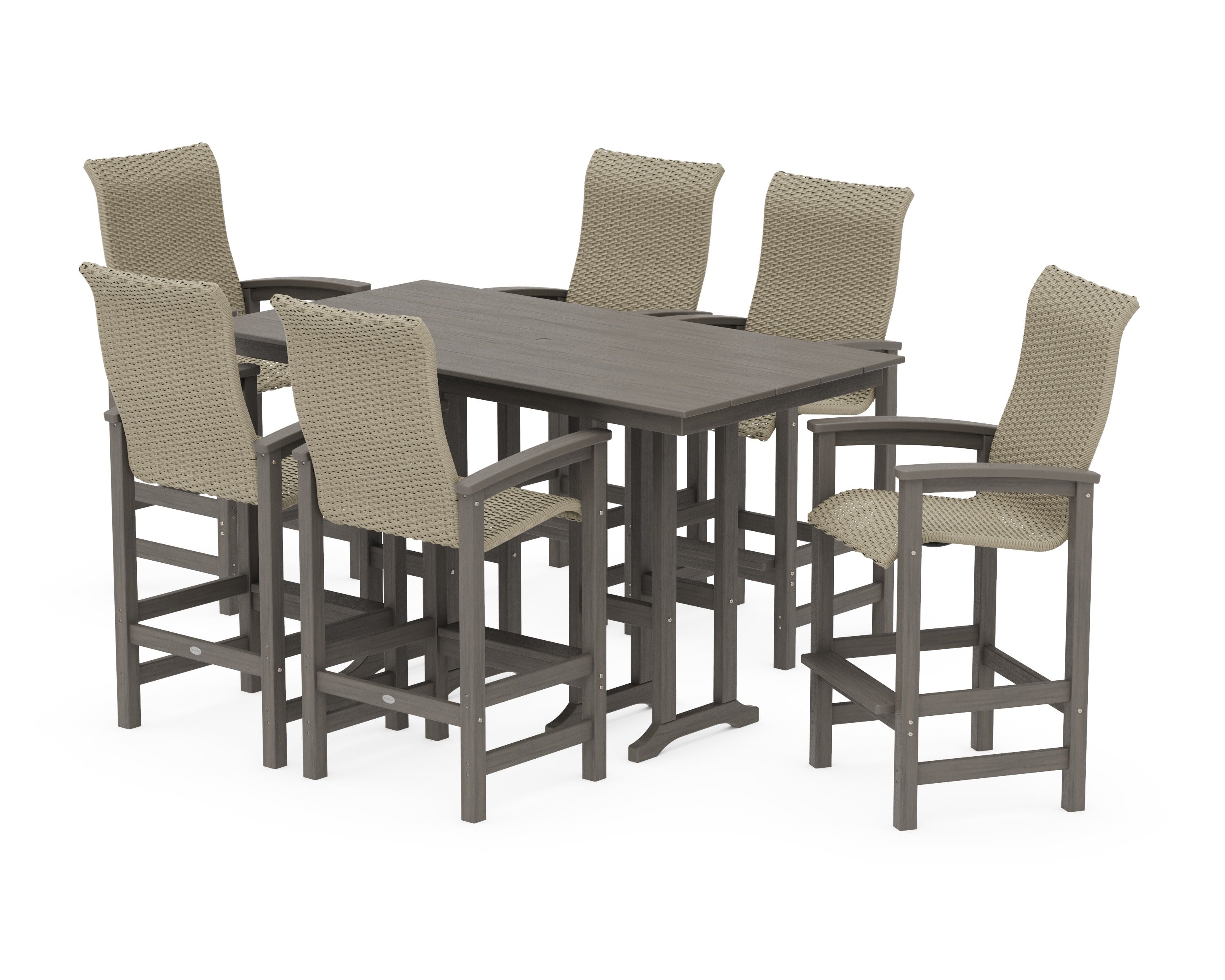Coastal Woven High-Back Arm Chair 7-Piece Farmhouse Bar Set in Driftwood / Dune Grass