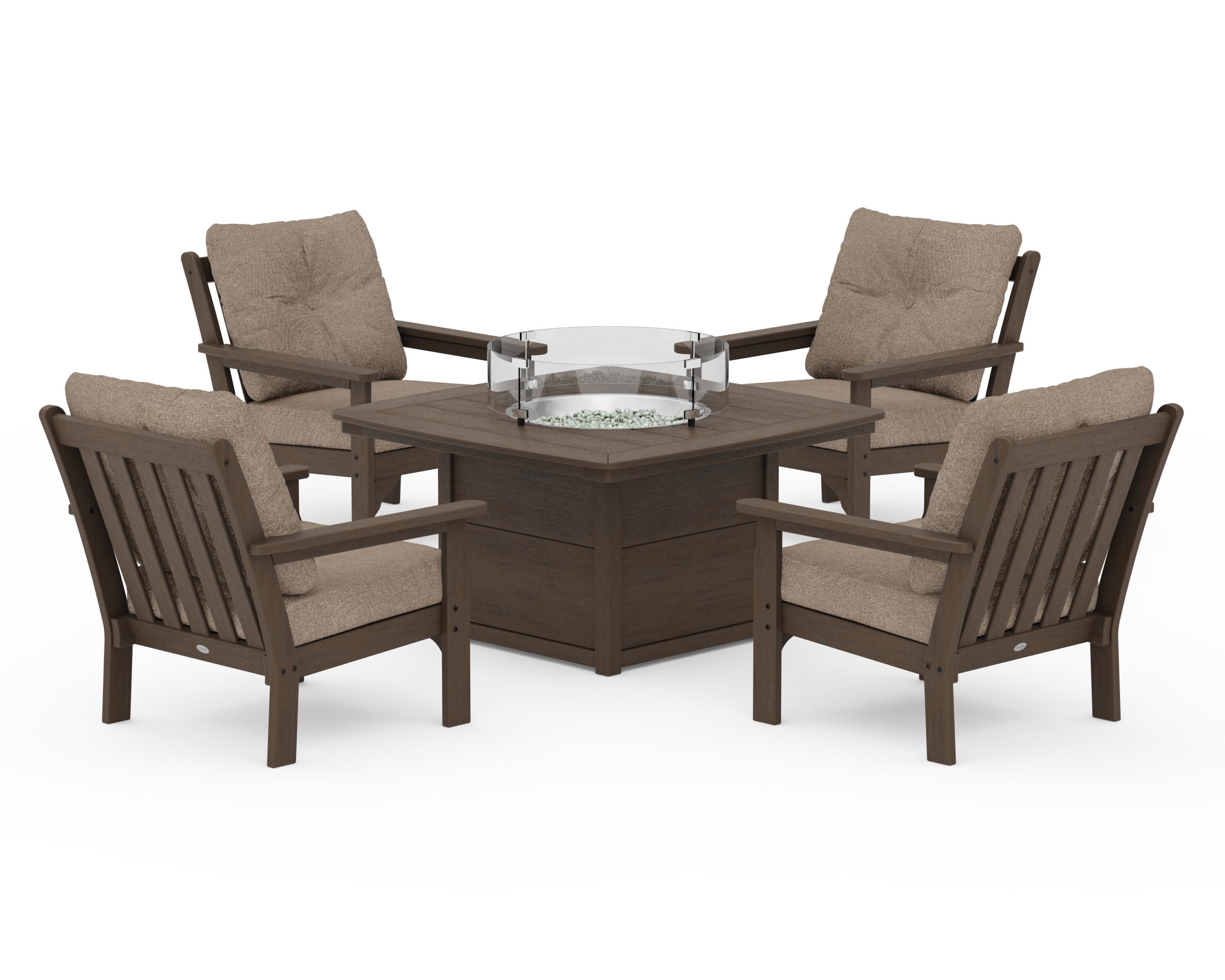 Vineyard 5-Piece Conversation Set with Fire Pit Table in Kona / Spiced Burlap