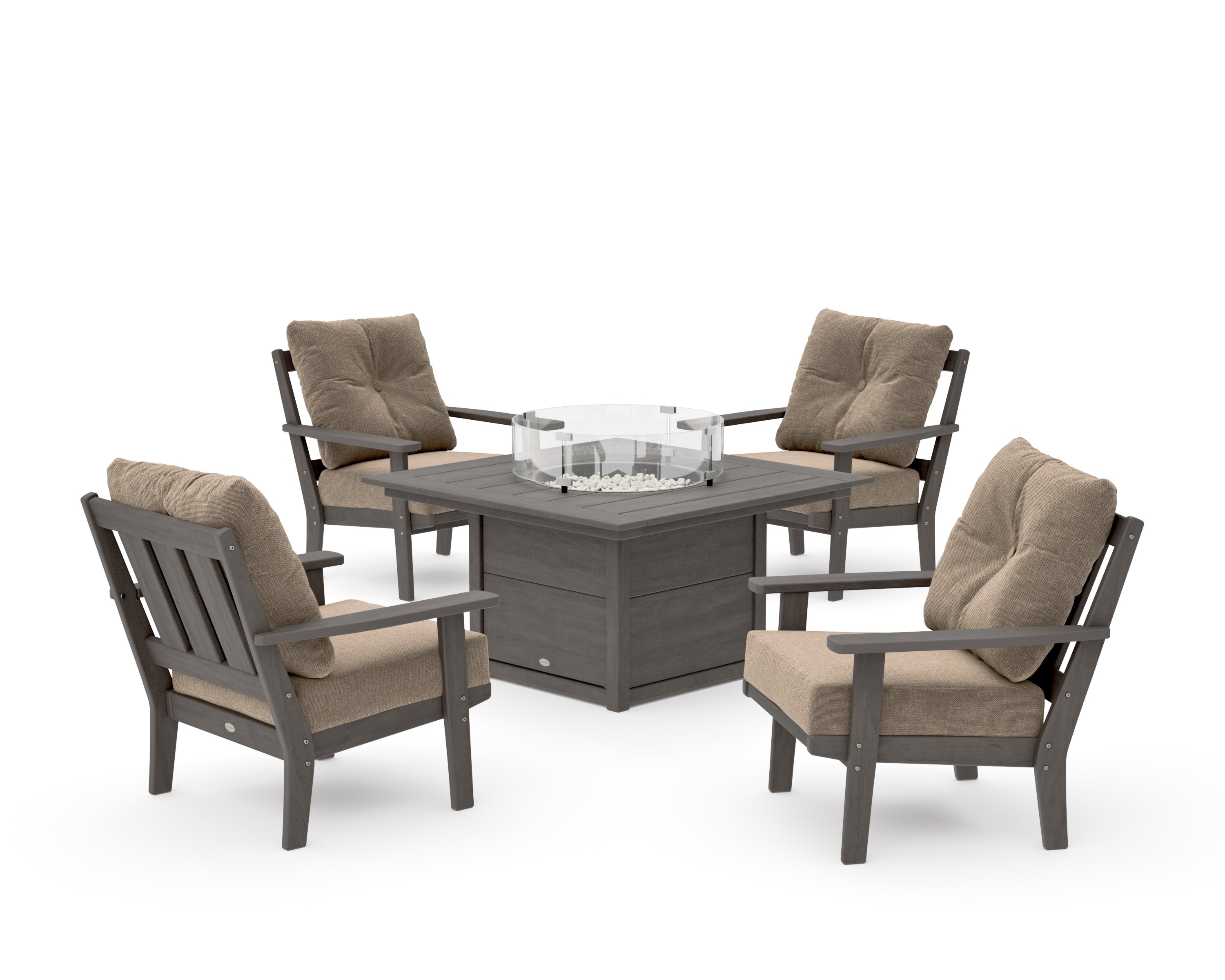 Oxford 5-Piece Deep Seating Set with Fire Pit Table in Driftwood / Spiced Burlap