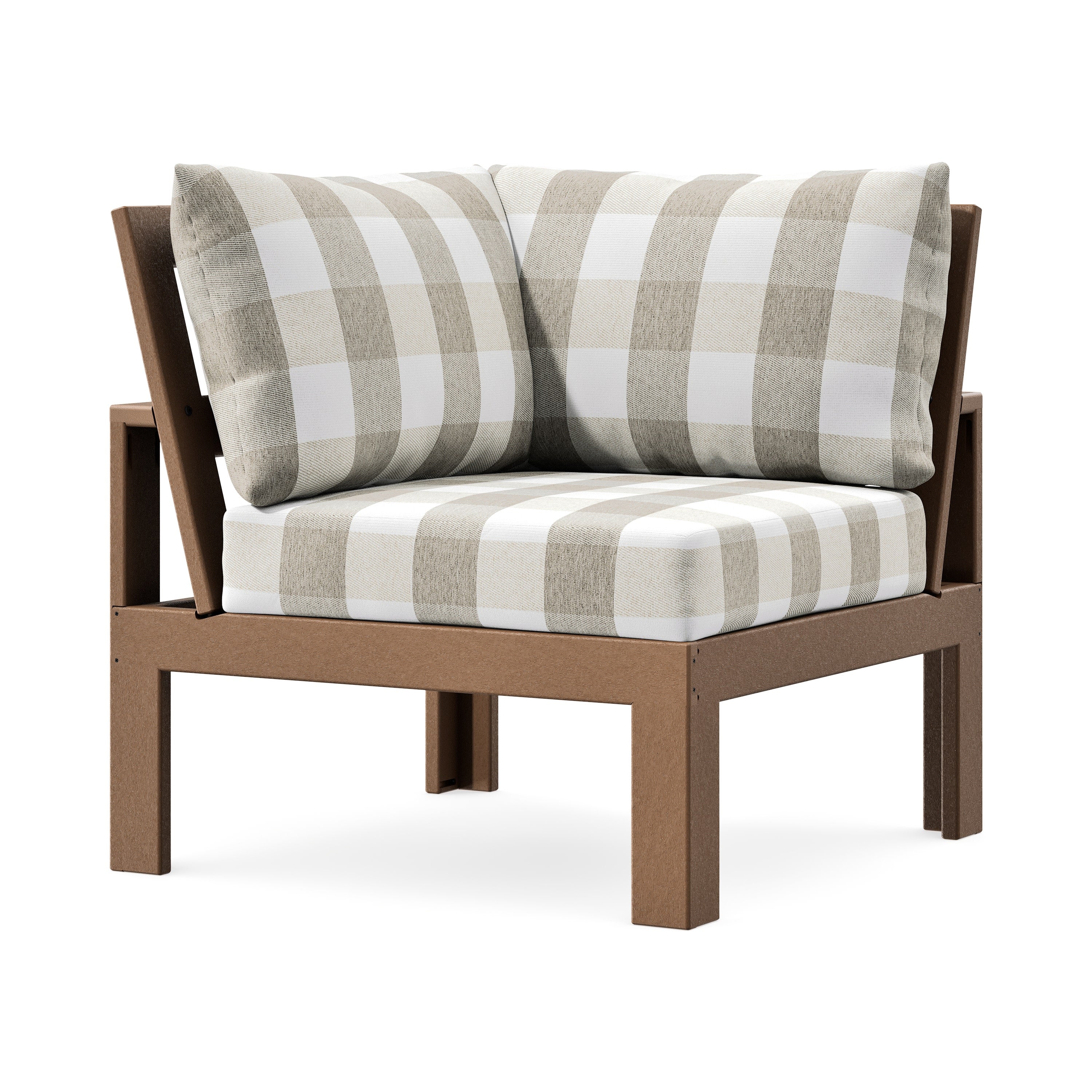 Modular Corner Chair in Teak / Buffalo Plaid Dune Burlap