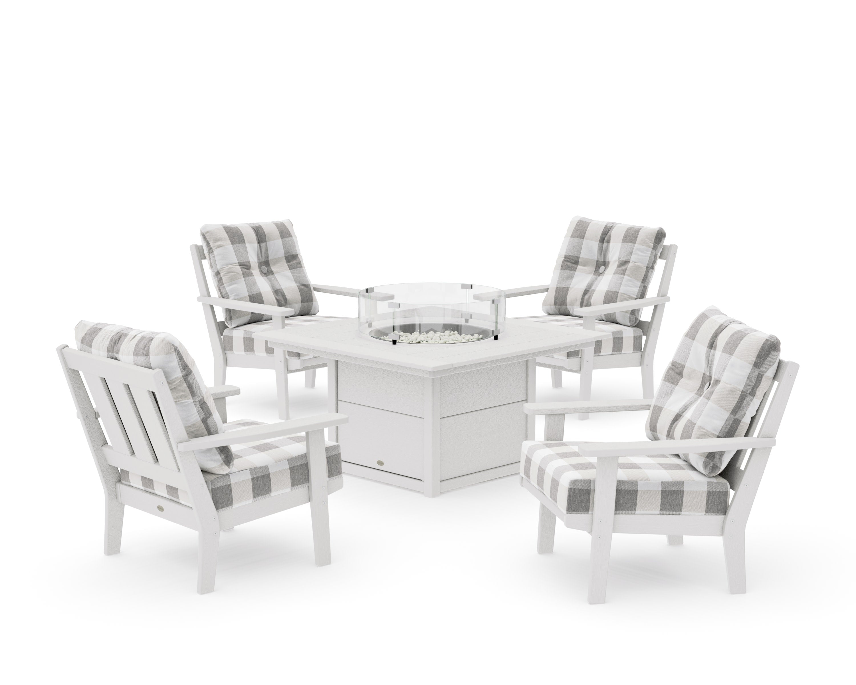 Oxford 5-Piece Deep Seating Set with Fire Pit Table in Vintage White / Buffalo Plaid Grey Mist
