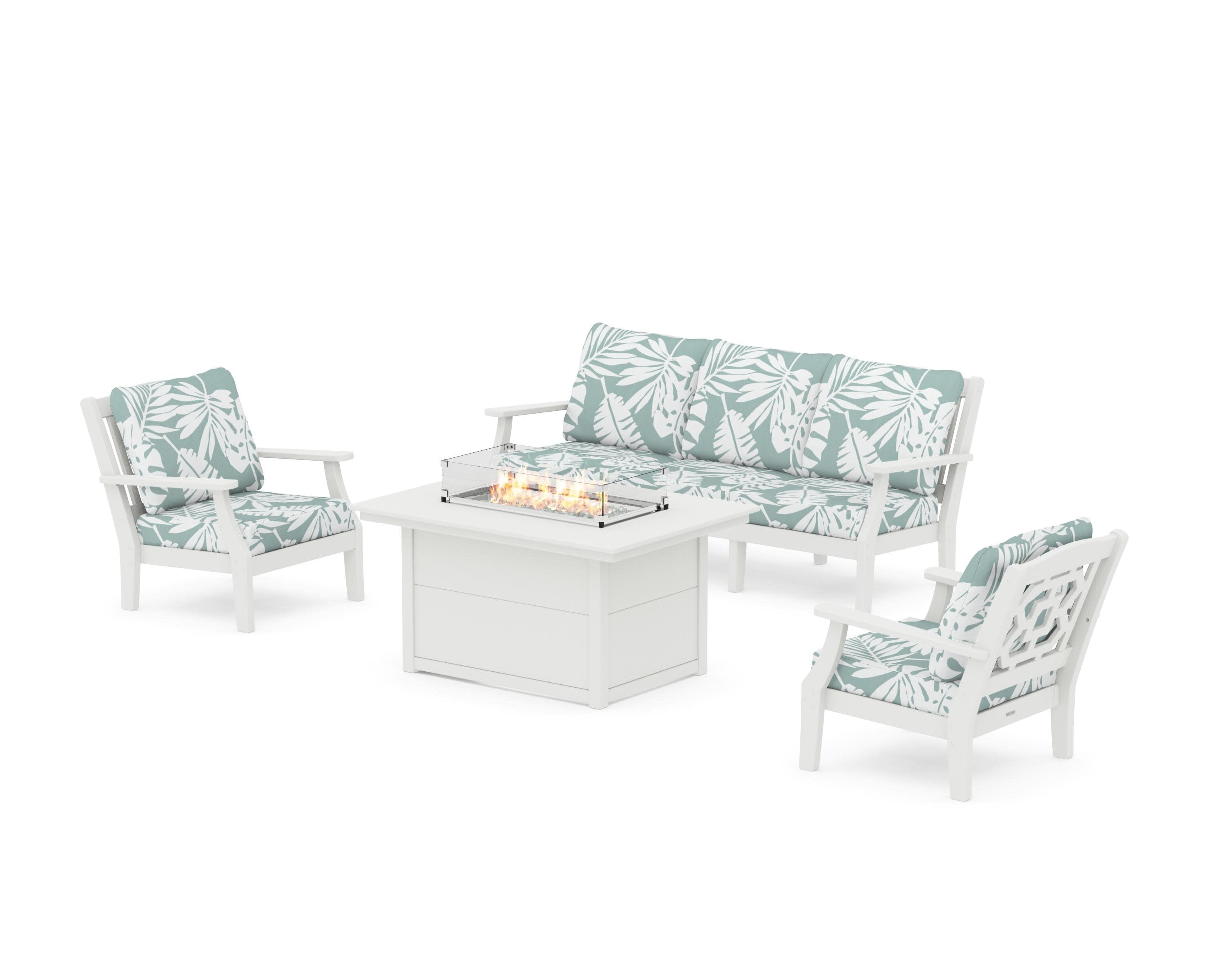 Chinoiserie Deep Seating Fire Pit Table Set in Vintage White / Leaf Glacier Spa