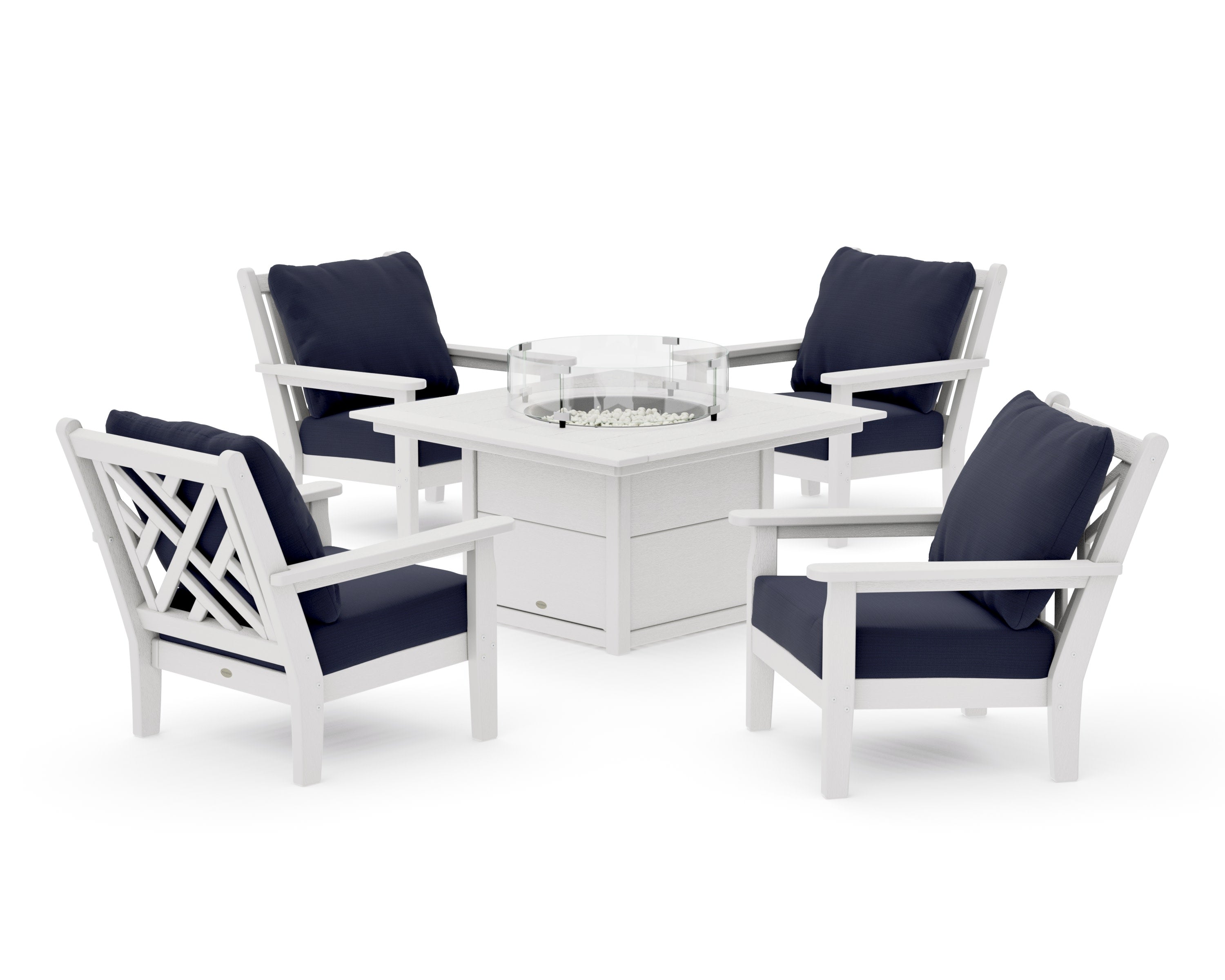 Chippendale 5-Piece Deep Seating Set with Fire Pit Table in Vintage White / Navy Linen