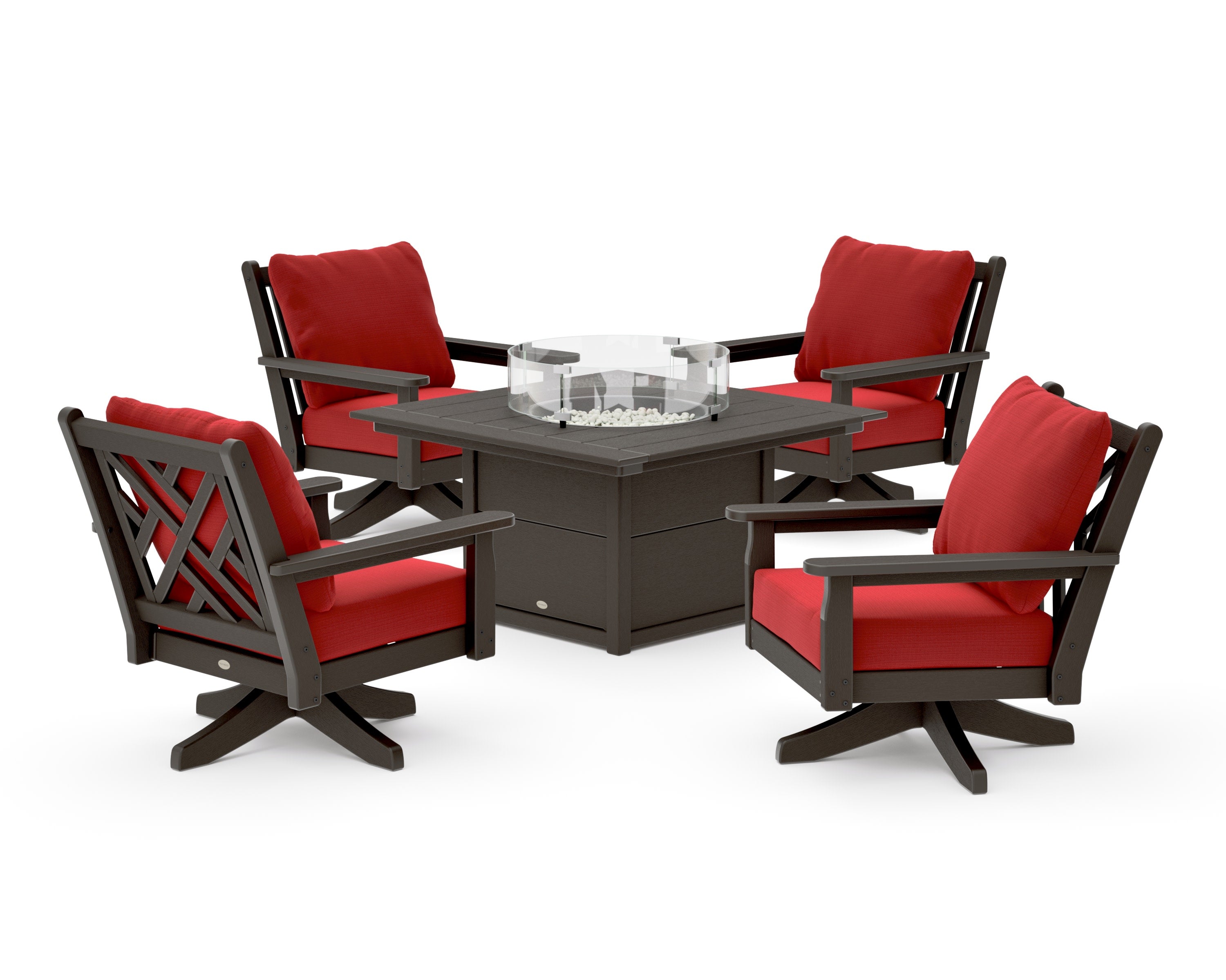 Chippendale 5-Piece Deep Seating Swivel Conversation Set with Fire Pit Table in Vintage Coffee / Crimson Linen