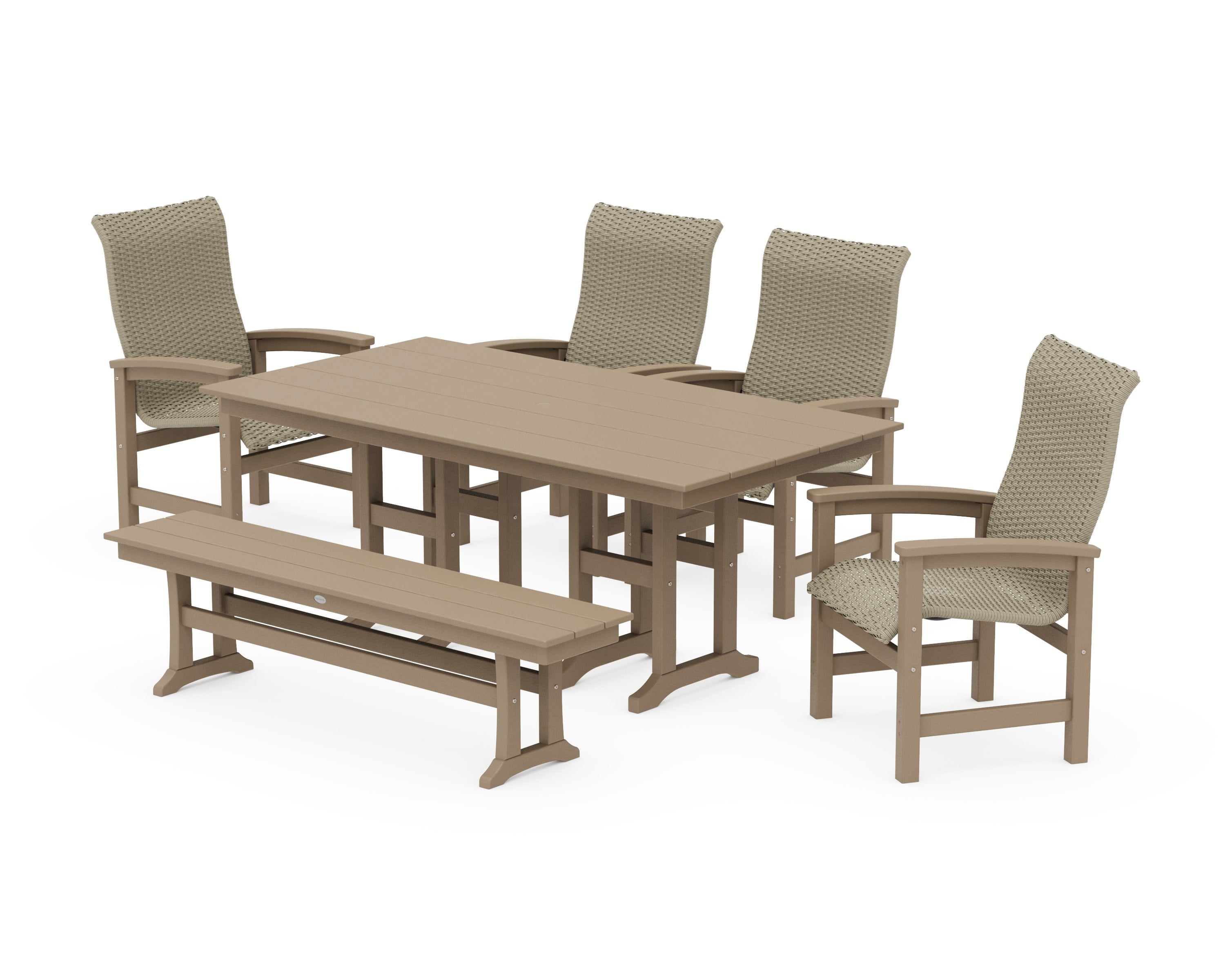Coastal Woven High-Back 6-Piece Farmhouse Dining Set with Bench in Vintage Sahara / Dune Grass