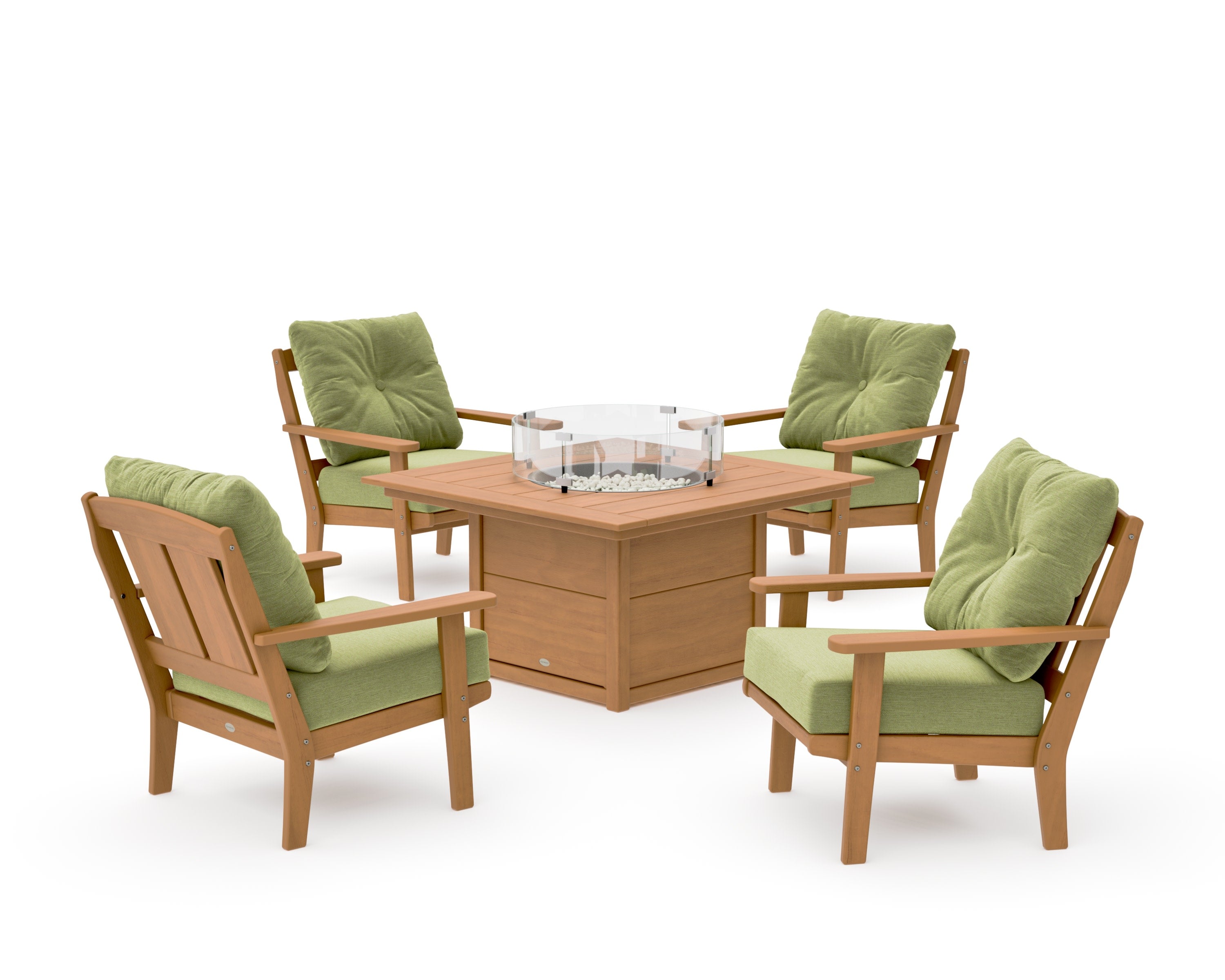 Mission 5-Piece Deep Seating Set with Fire Pit Table in Natural / Chartreuse Boucle