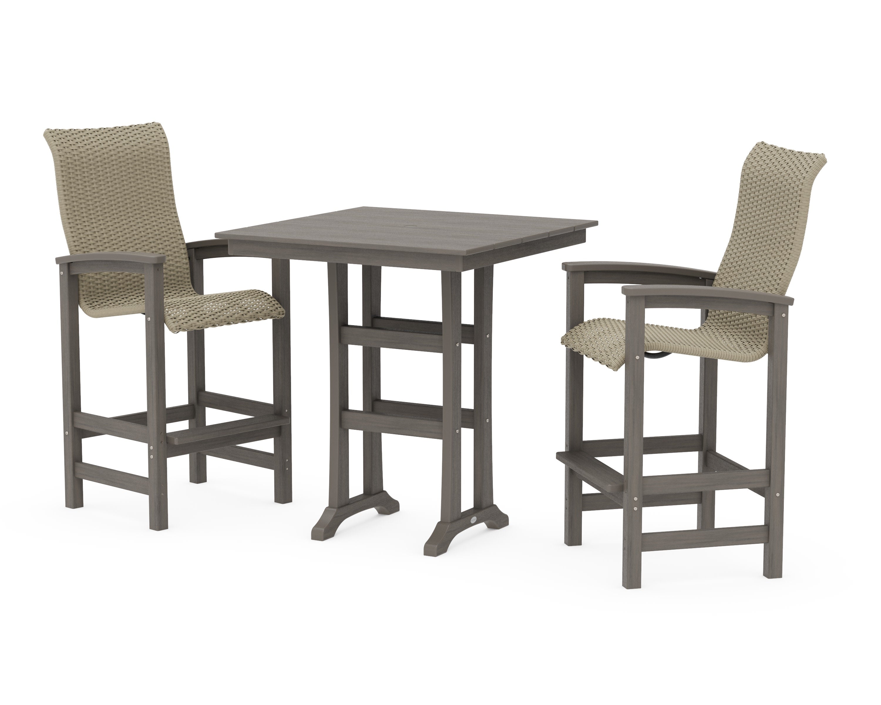 Coastal Woven High-Back 3-Piece Farmhouse Bar Set with Trestle Legs in Driftwood / Dune Grass
