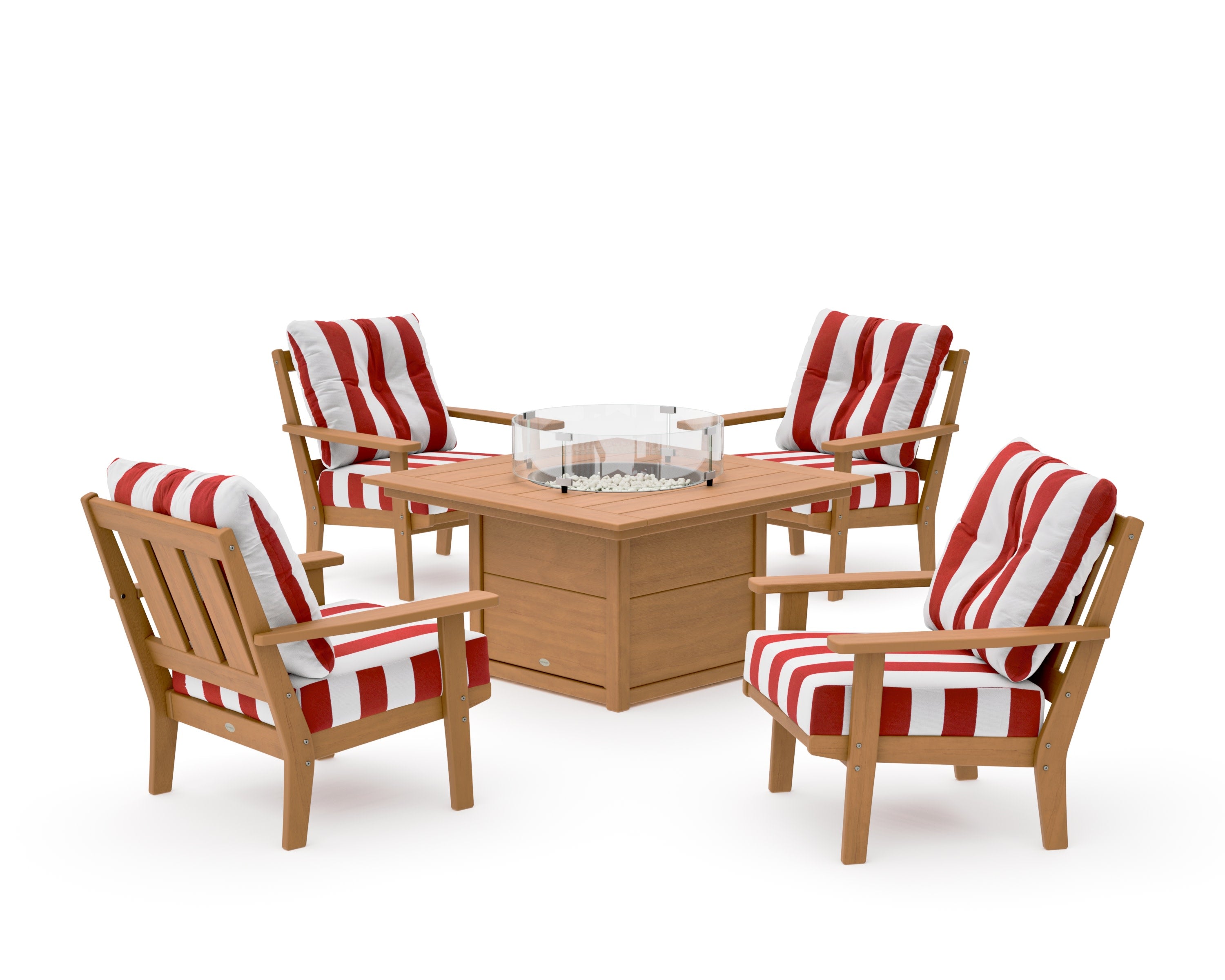Oxford 5-Piece Deep Seating Set with Fire Pit Table in Natural / Cabana Stripe Crimson