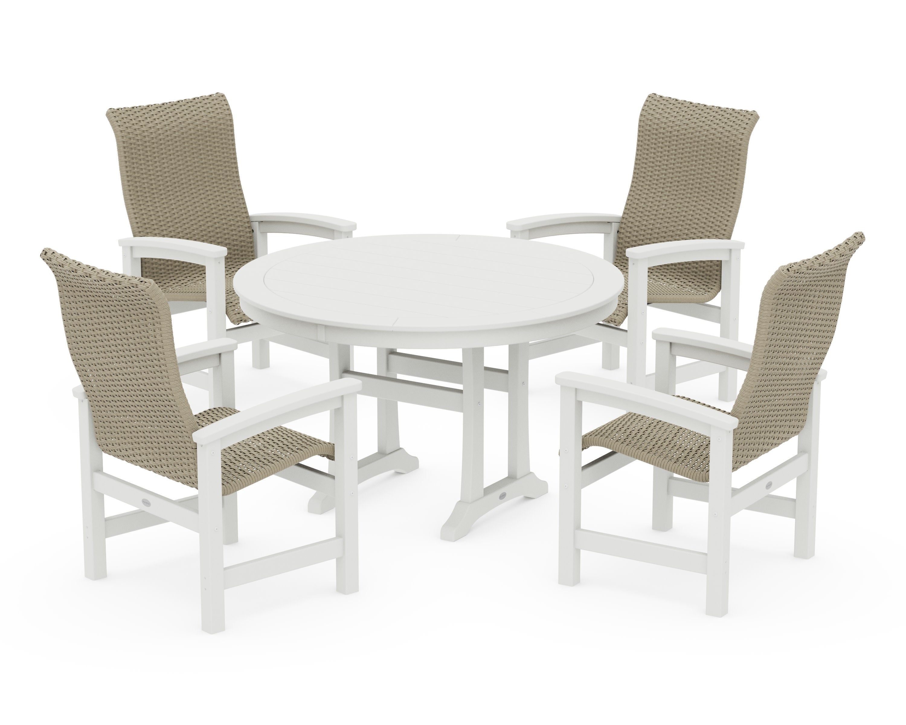 Coastal Woven High-Back 5-Piece Round Dining Set with Trestle Legs in White / Dune Grass