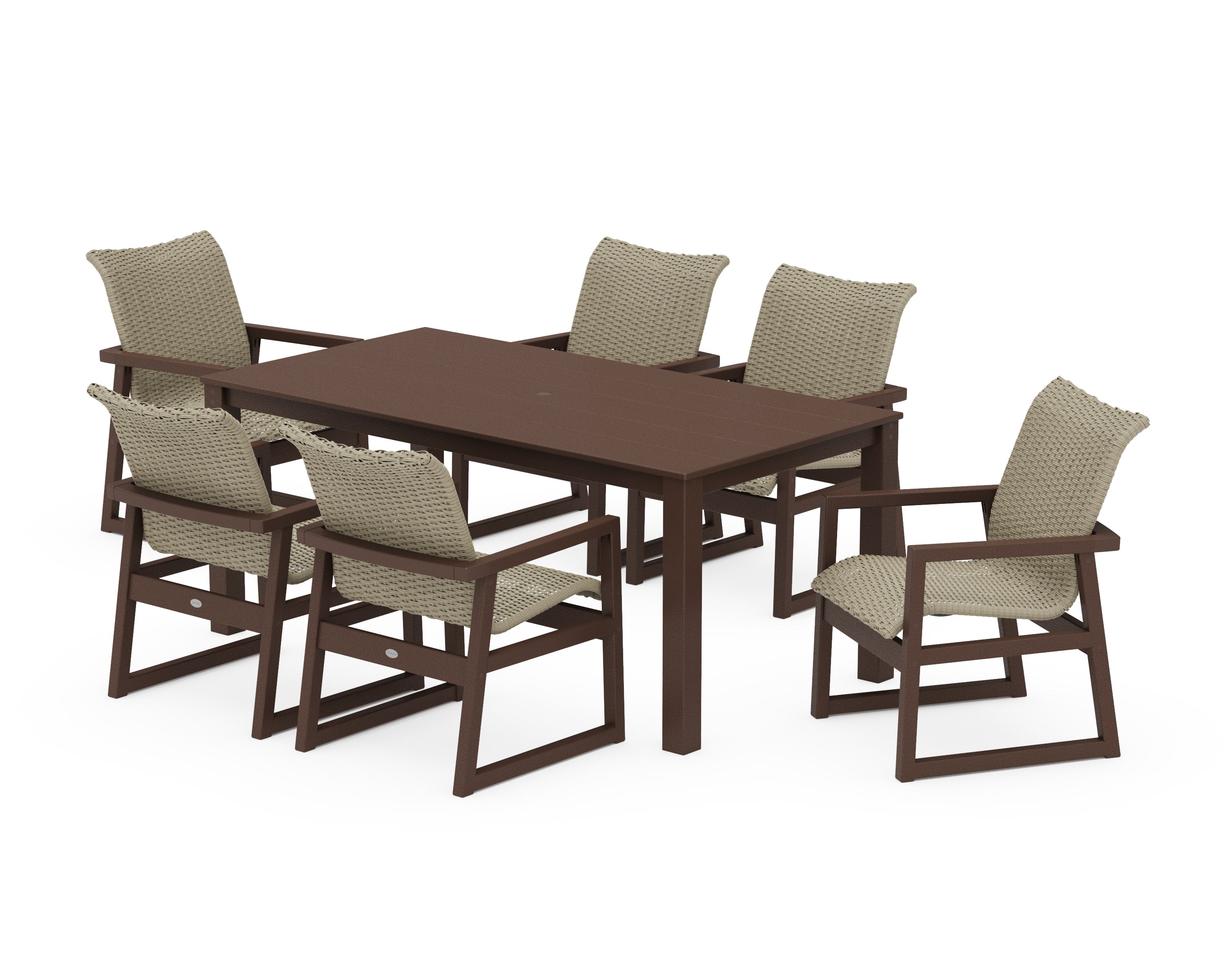 EDGE Woven Arm Chair 7-Piece Parsons Dining Set in Mahogany / Dune Grass