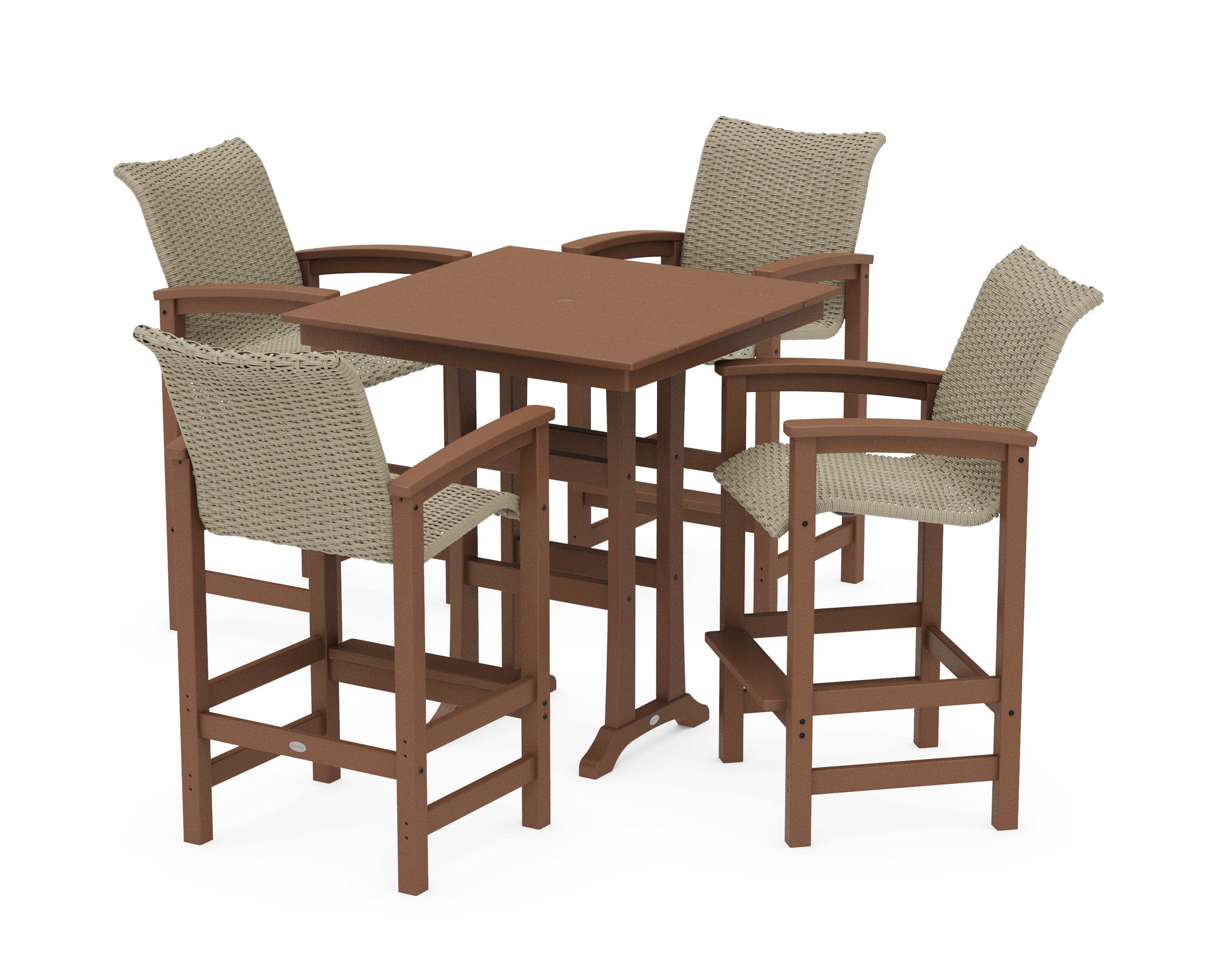Coastal Woven 5-Piece Farmhouse Bar Set with Trestle Legs in Teak / Dune Grass