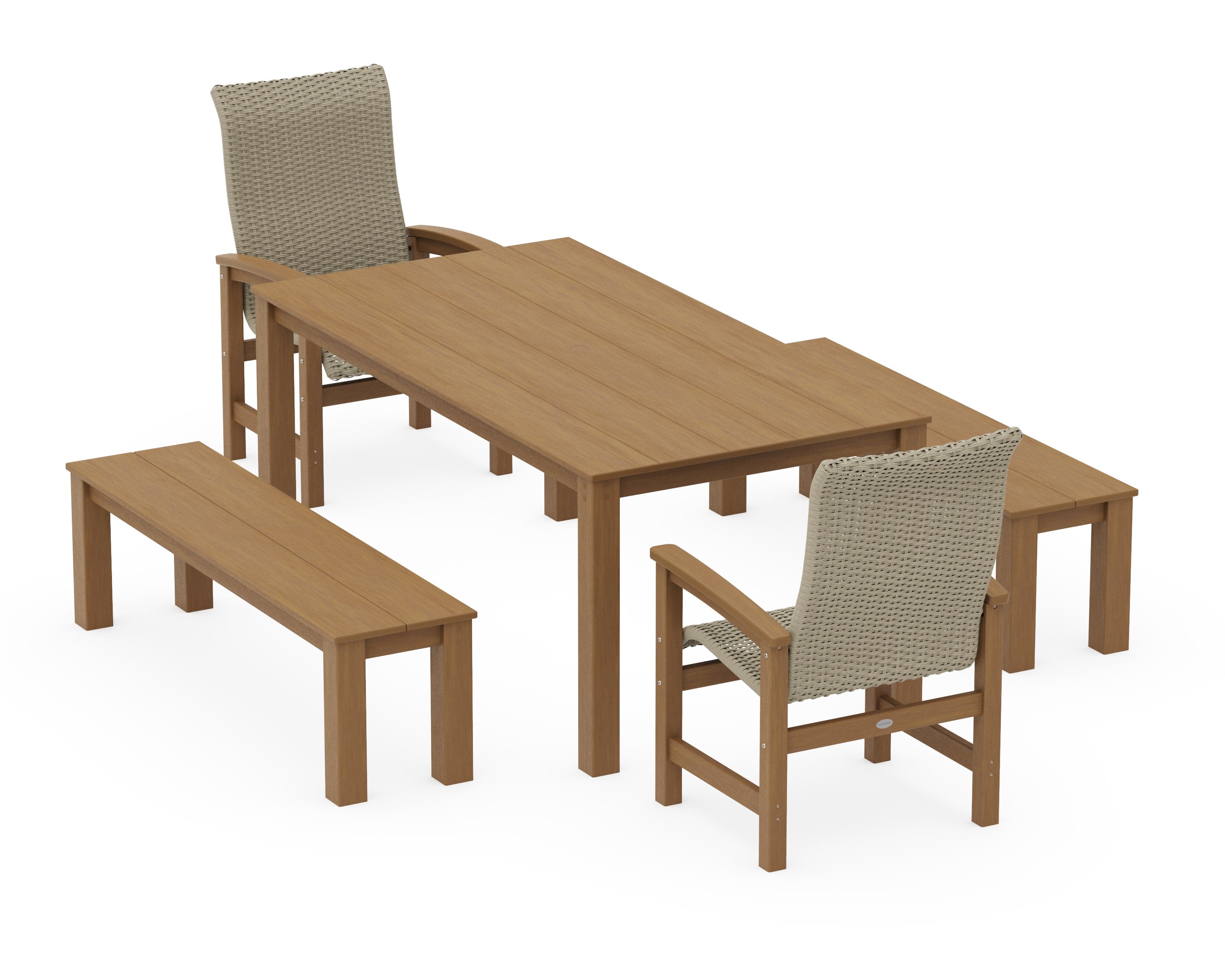Coastal Woven High-Back 5-Piece Parsons Dining Set with Benches in Natural / Dune Grass