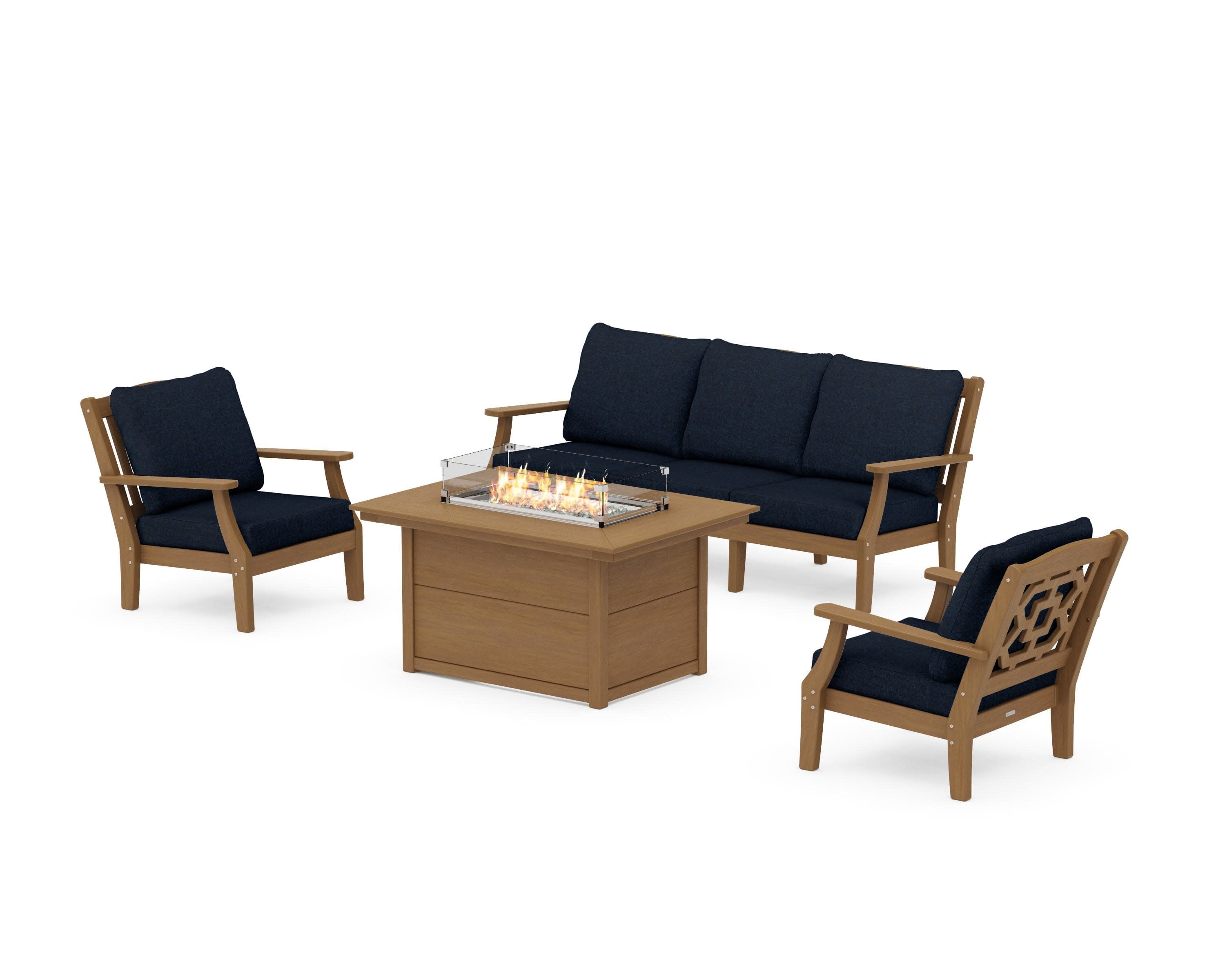 Chinoiserie Deep Seating Fire Pit Table Set in Natural / Marine Indigo