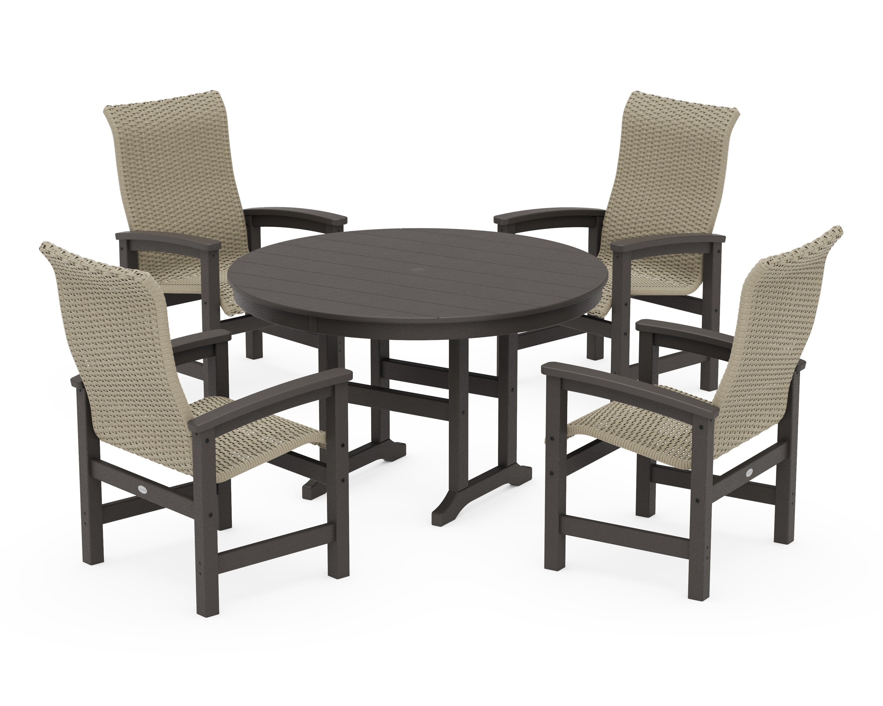 Coastal Woven High-Back 5-Piece Round Farmhouse Dining Set in Vintage Coffee / Dune Grass