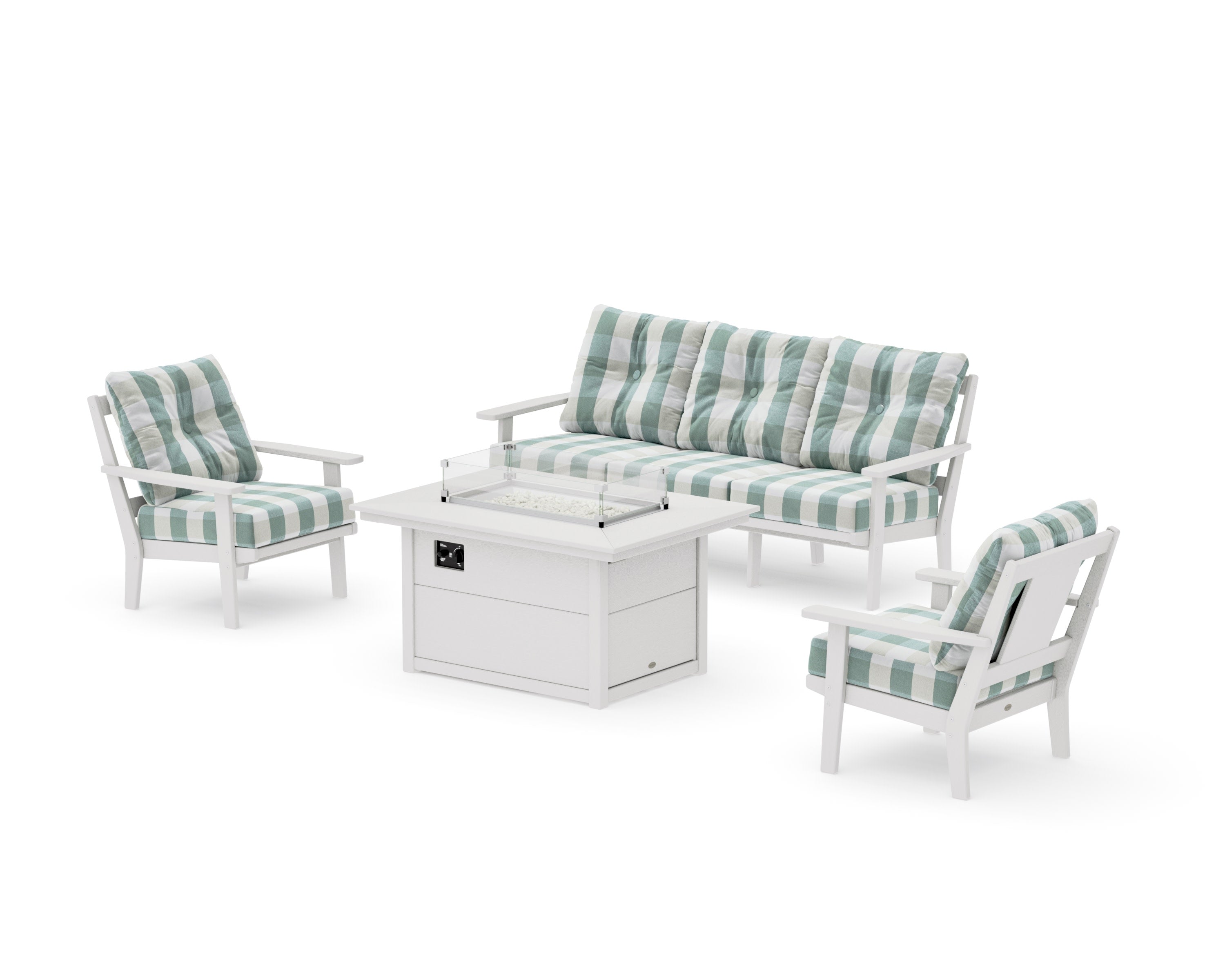 Prairie Deep Seating Fire Pit Table Set in Vintage White / Buffalo Plaid Glacier Spa