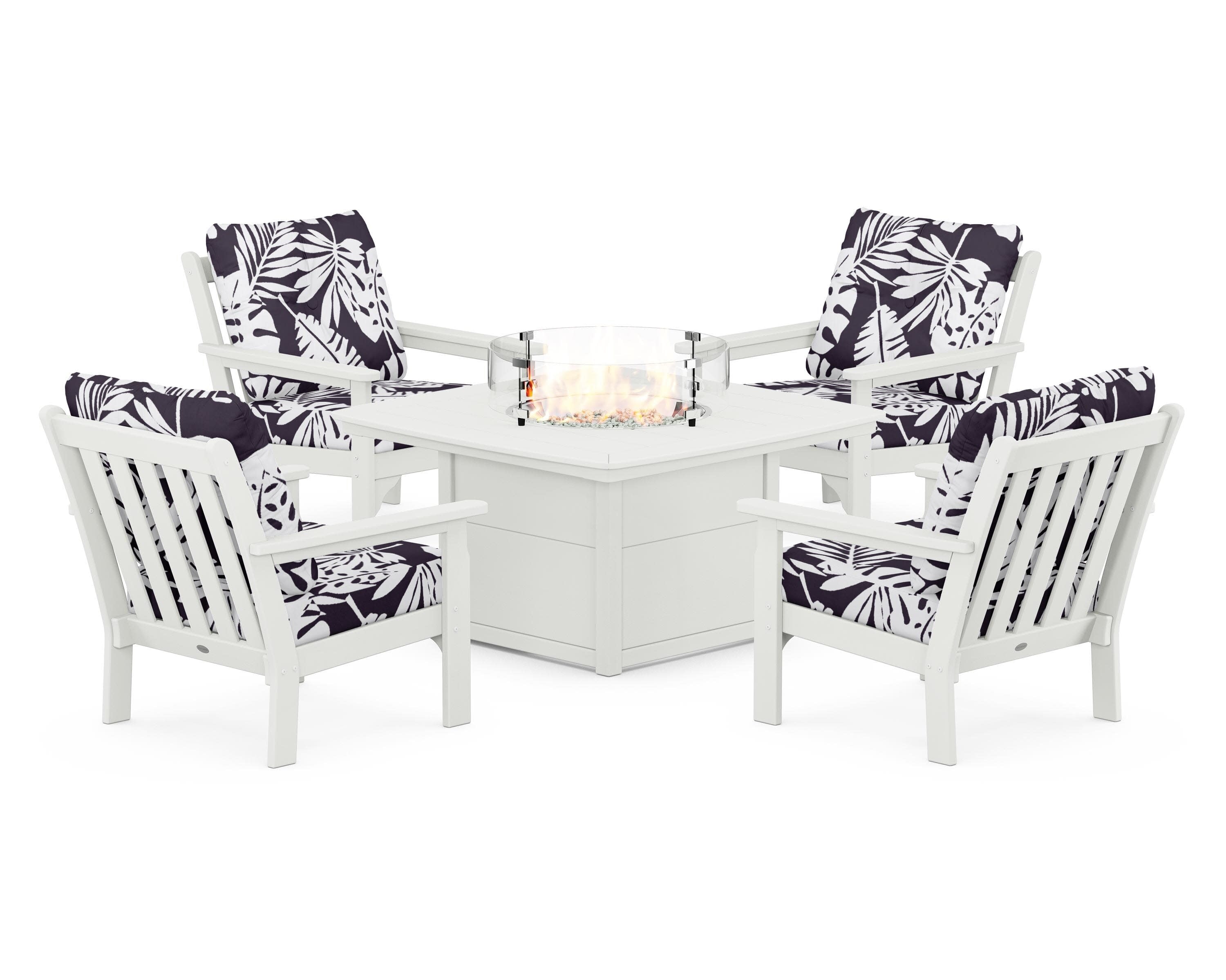 Vineyard 5-Piece Conversation Set with Fire Pit Table in Vintage White / Leaf Navy