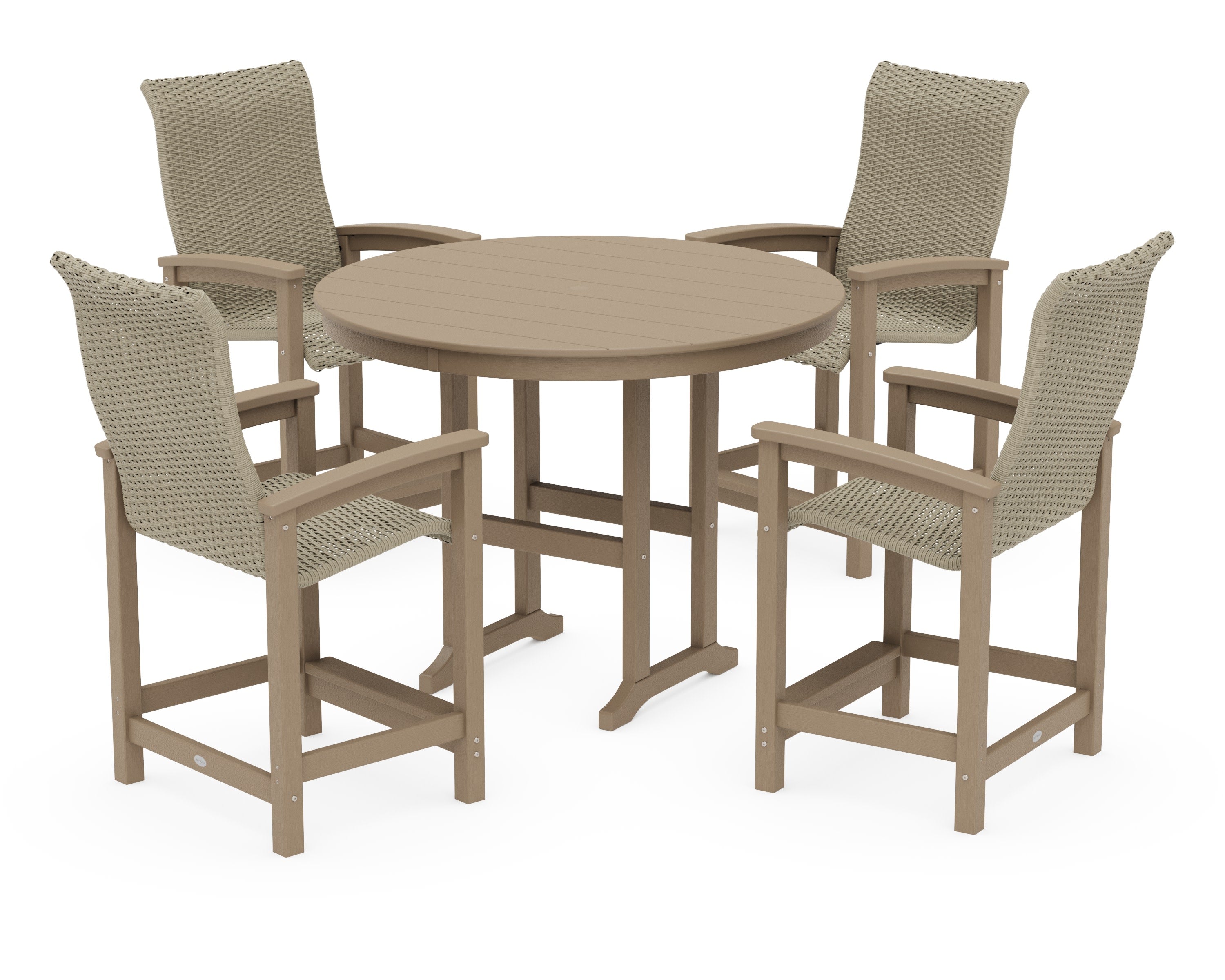 Coastal Woven High-Back 5-Piece Round Farmhouse Counter Set in Vintage Sahara / Dune Grass