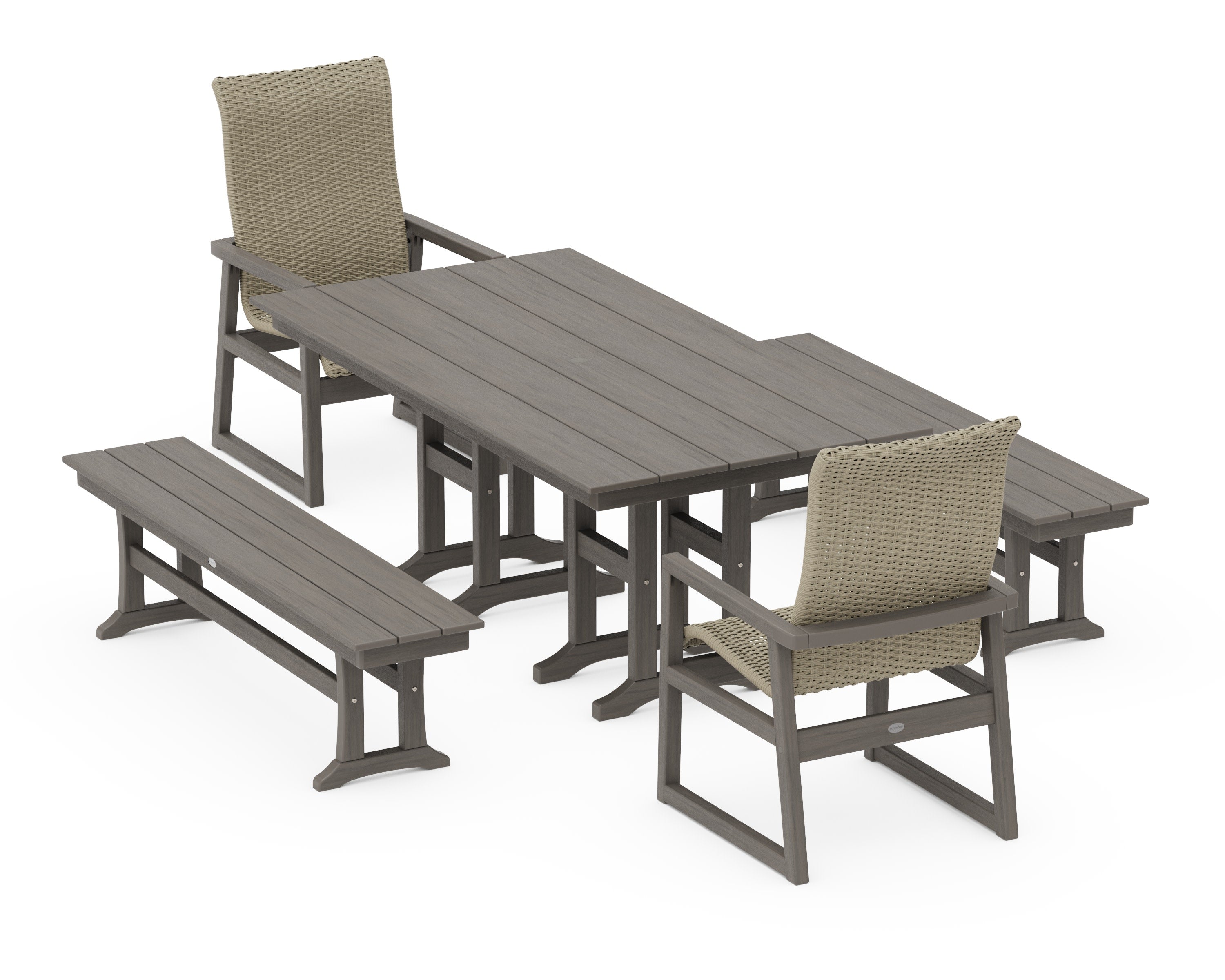 EDGE Woven Highback 5-Piece Farmhouse Dining Set with Benches in Driftwood / Dune Grass