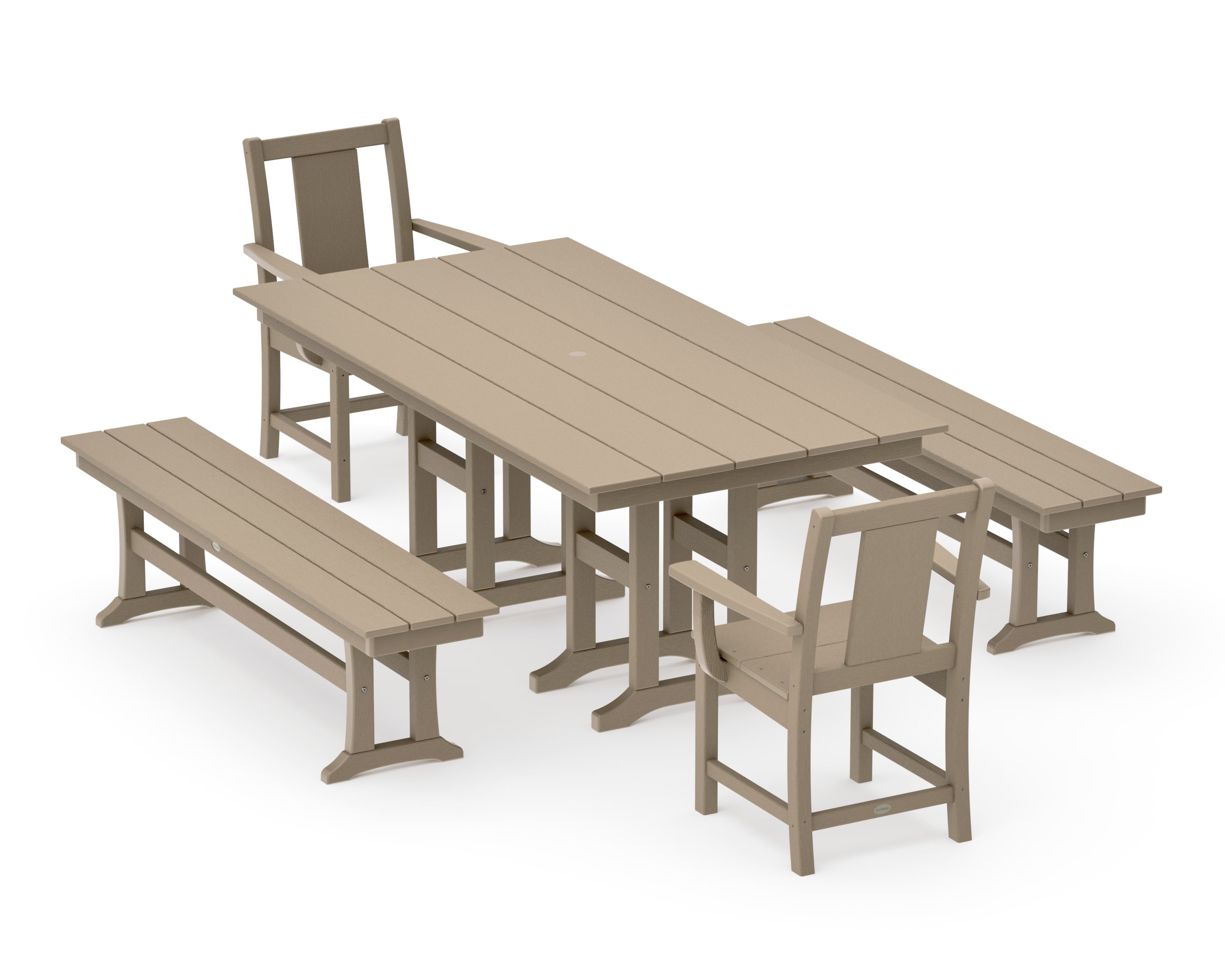 Prairie 5-Piece Farmhouse Dining Set with Benches in Vintage Sahara