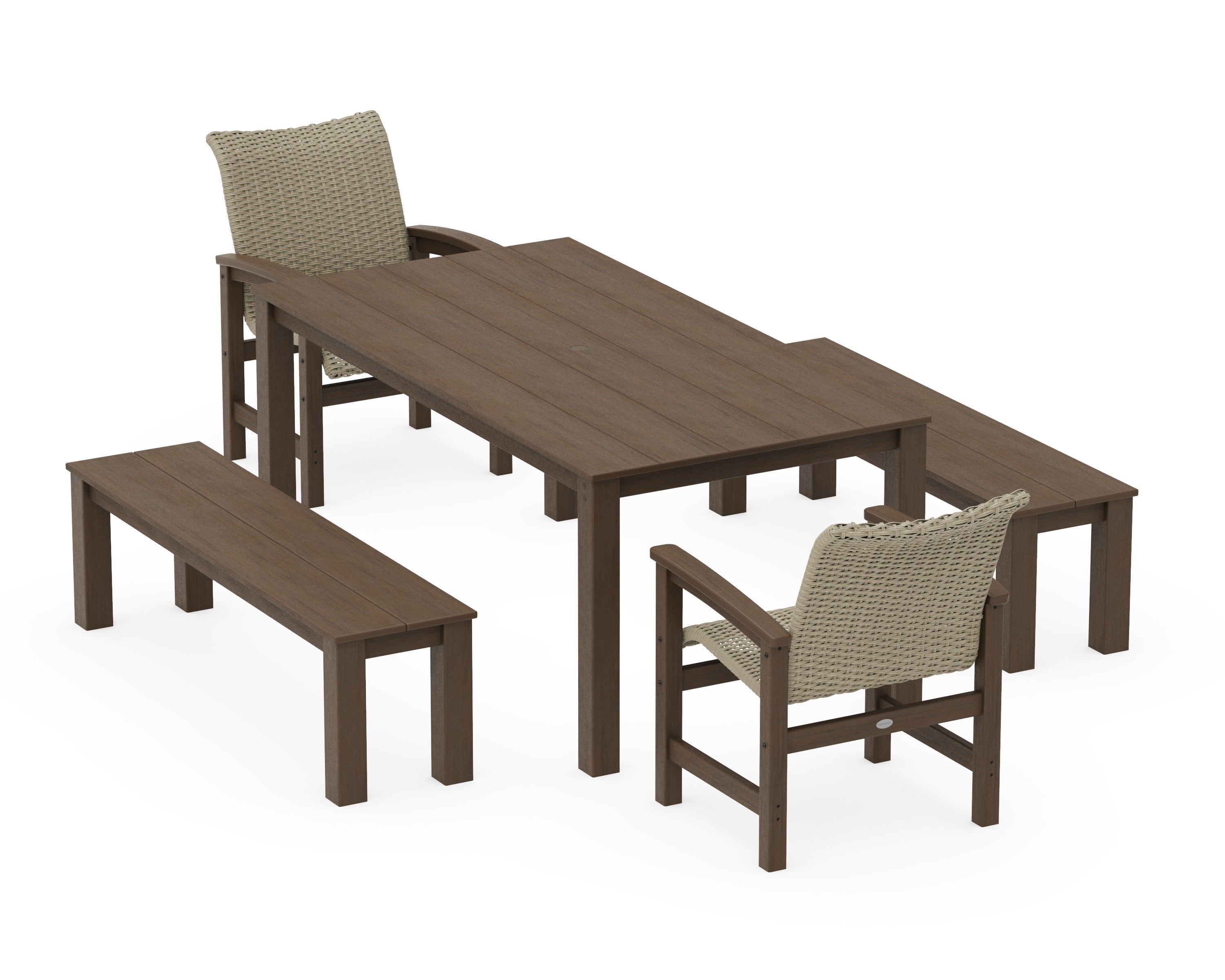 Coastal Woven 5-Piece Parsons Dining Set with Benches in Kona / Dune Grass