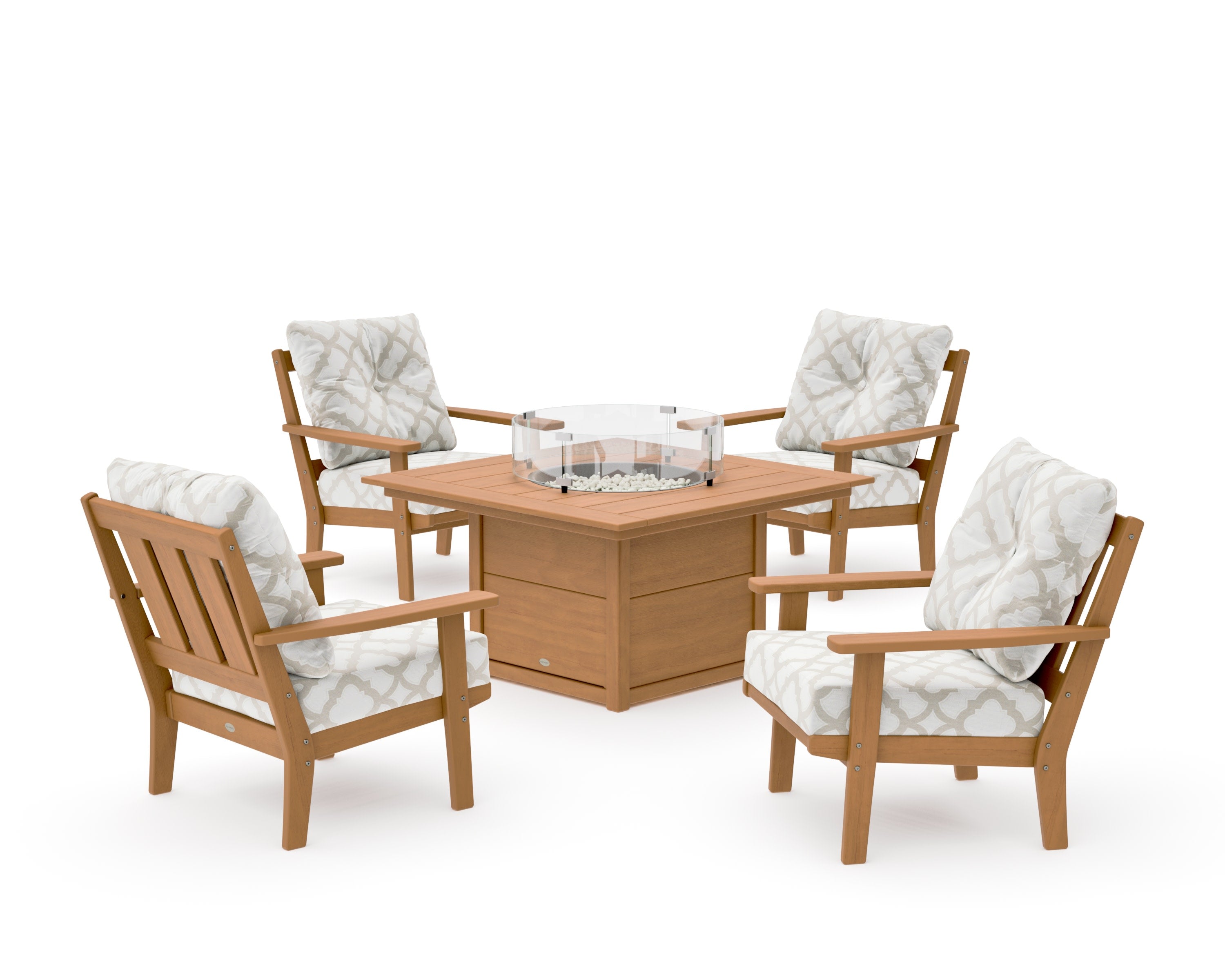 Oxford 5-Piece Deep Seating Set with Fire Pit Table in Natural / Trellis Dune Burlap