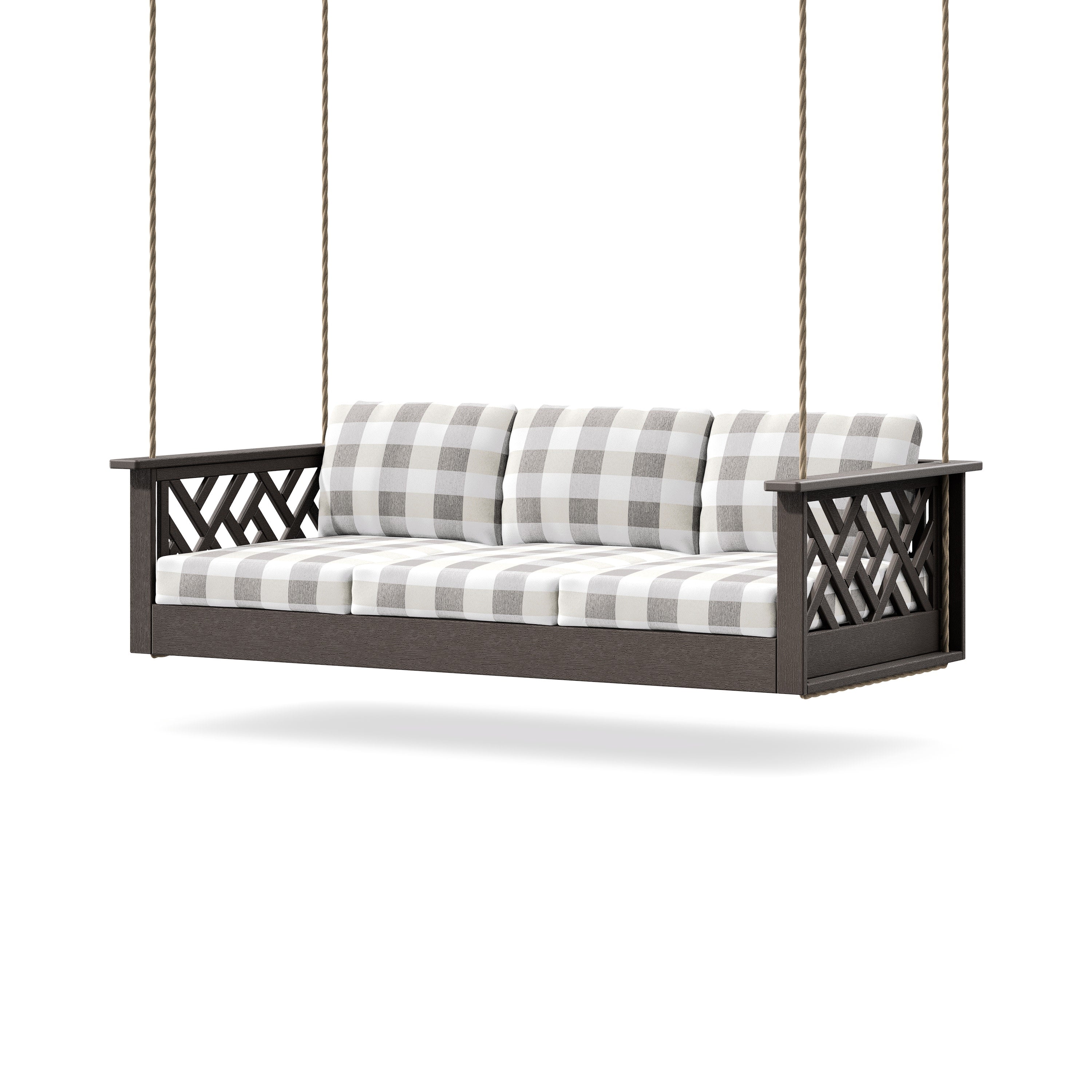 Chippendale Daybed Swing in Vintage Coffee / Buffalo Plaid Grey Mist