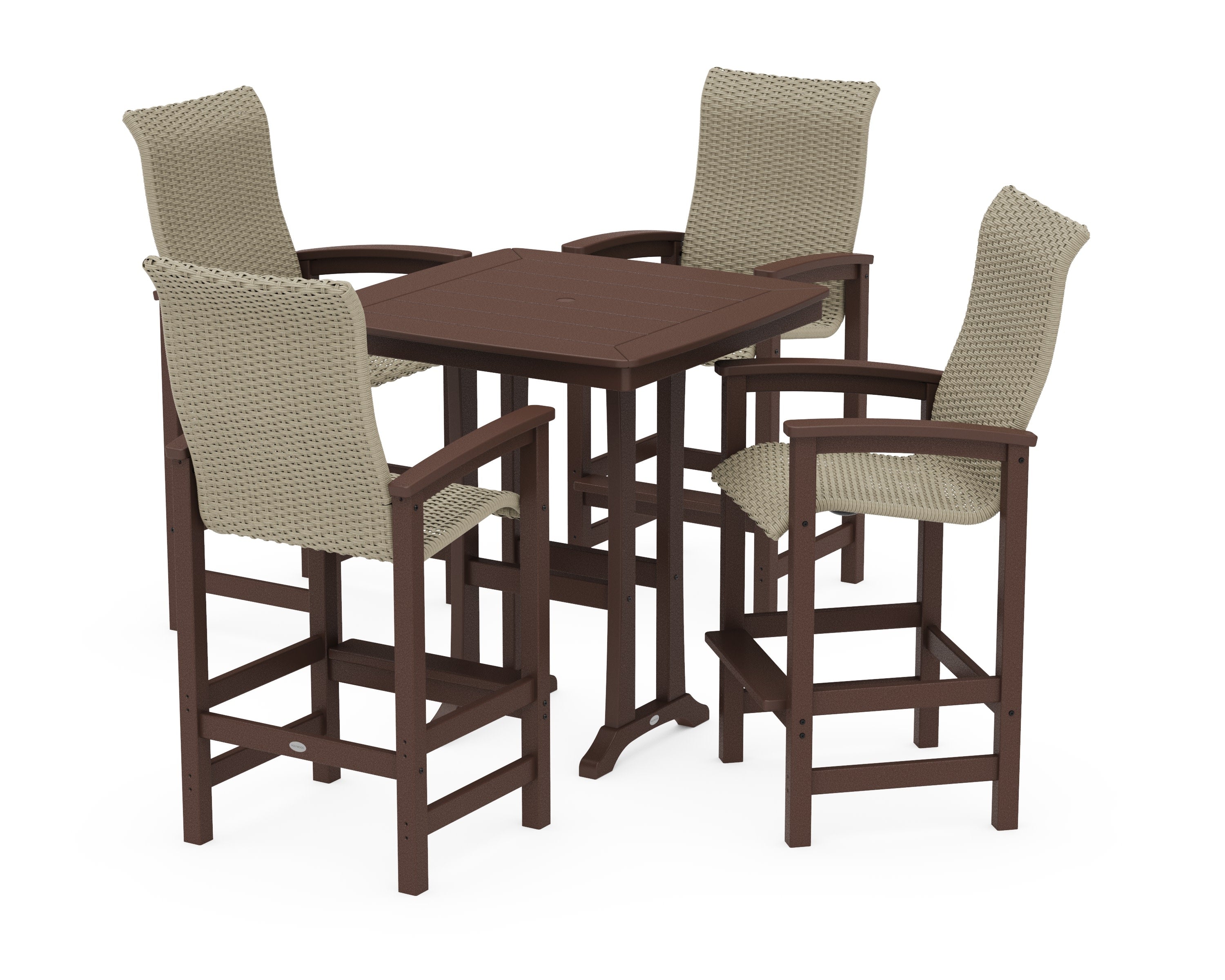 Coastal Woven High-Back 5-Piece Bar Set with Trestle Legs in Mahogany / Dune Grass