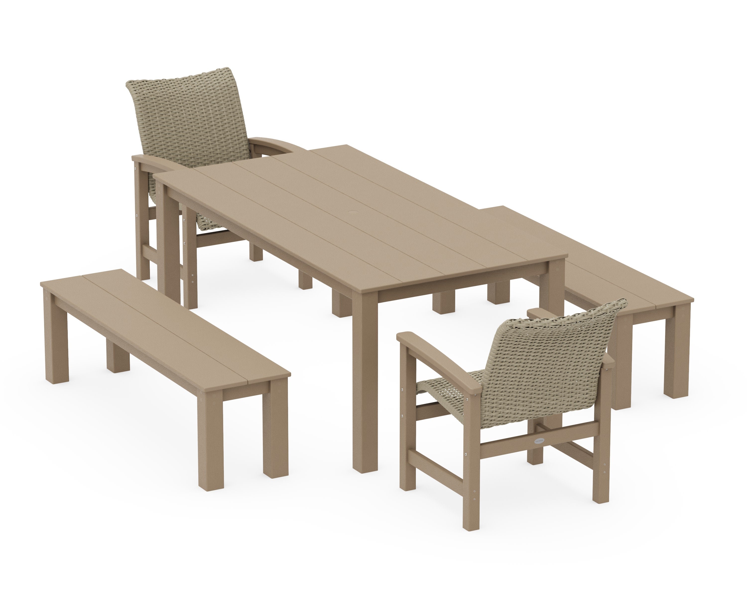 Coastal Woven 5-Piece Parsons Dining Set with Benches in Vintage Sahara / Dune Grass