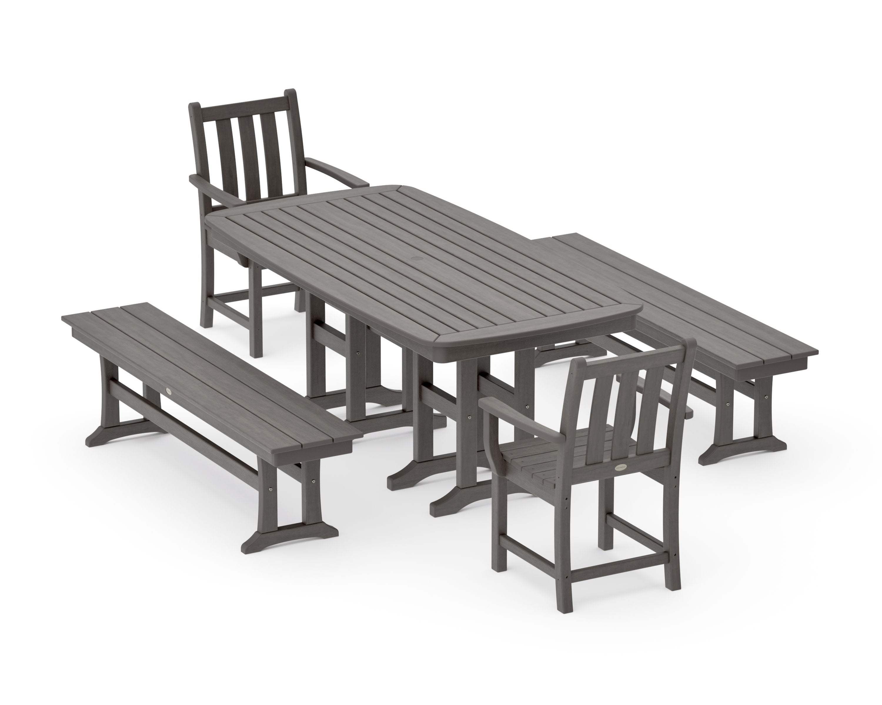 Traditional Garden 5-Piece Dining Set with Benches in Driftwood